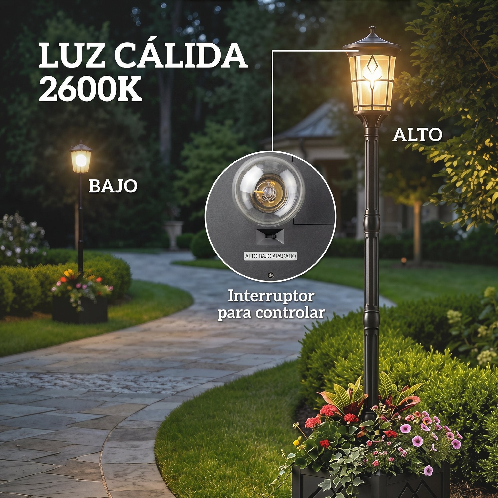 Outsunny Farola Solar Exterior de Jardín con Macetero, Luz Solar de Exterior LED, 2 Modos de Brillo 100/50 lm, Impermeable IP44, Encendido/Apagado Automático, para Terraza, Patio, 41,5x41,5x202,5 cm
