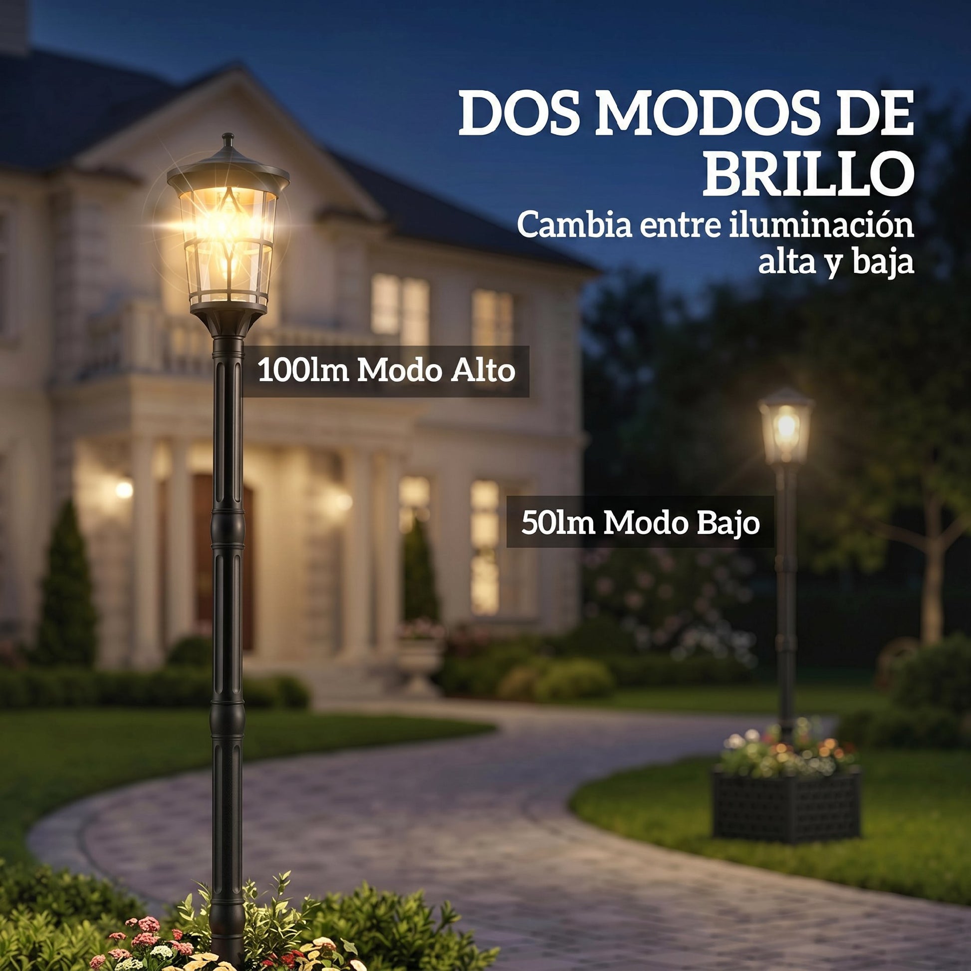 Outsunny Farola Solar Exterior de Jardín con Macetero, Luz Solar de Exterior LED, 2 Modos de Brillo 100/50 lm, Impermeable IP44, Encendido/Apagado Automático, para Terraza, Patio, 41,5x41,5x202,5 cm