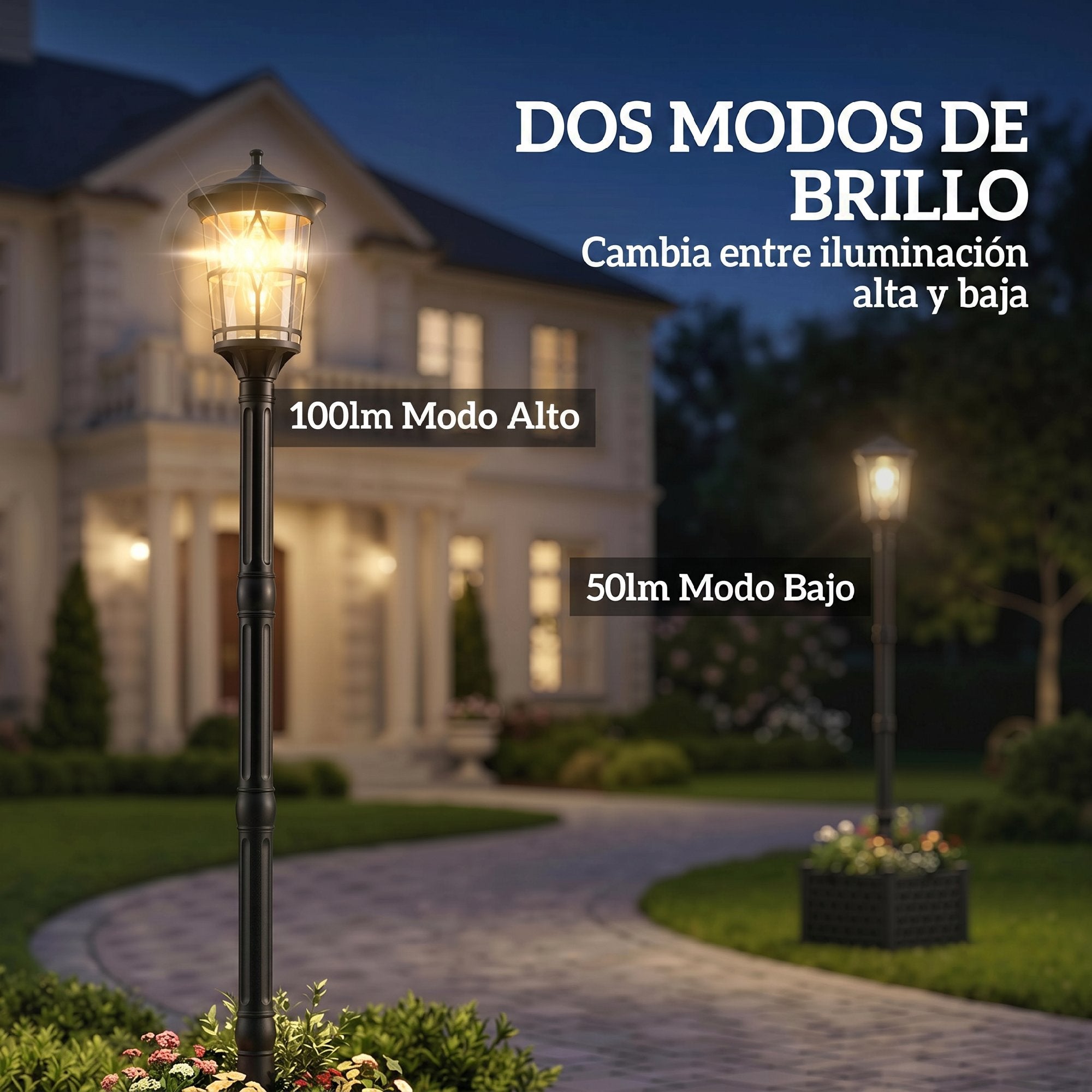 Outsunny Farola Solar Exterior de Jardín con Macetero, Luz Solar de Exterior LED, 2 Modos de Brillo 100/50 lm, Impermeable IP44, Encendido/Apagado Automático, para Terraza, Patio, 41,5x41,5x202,5 cm