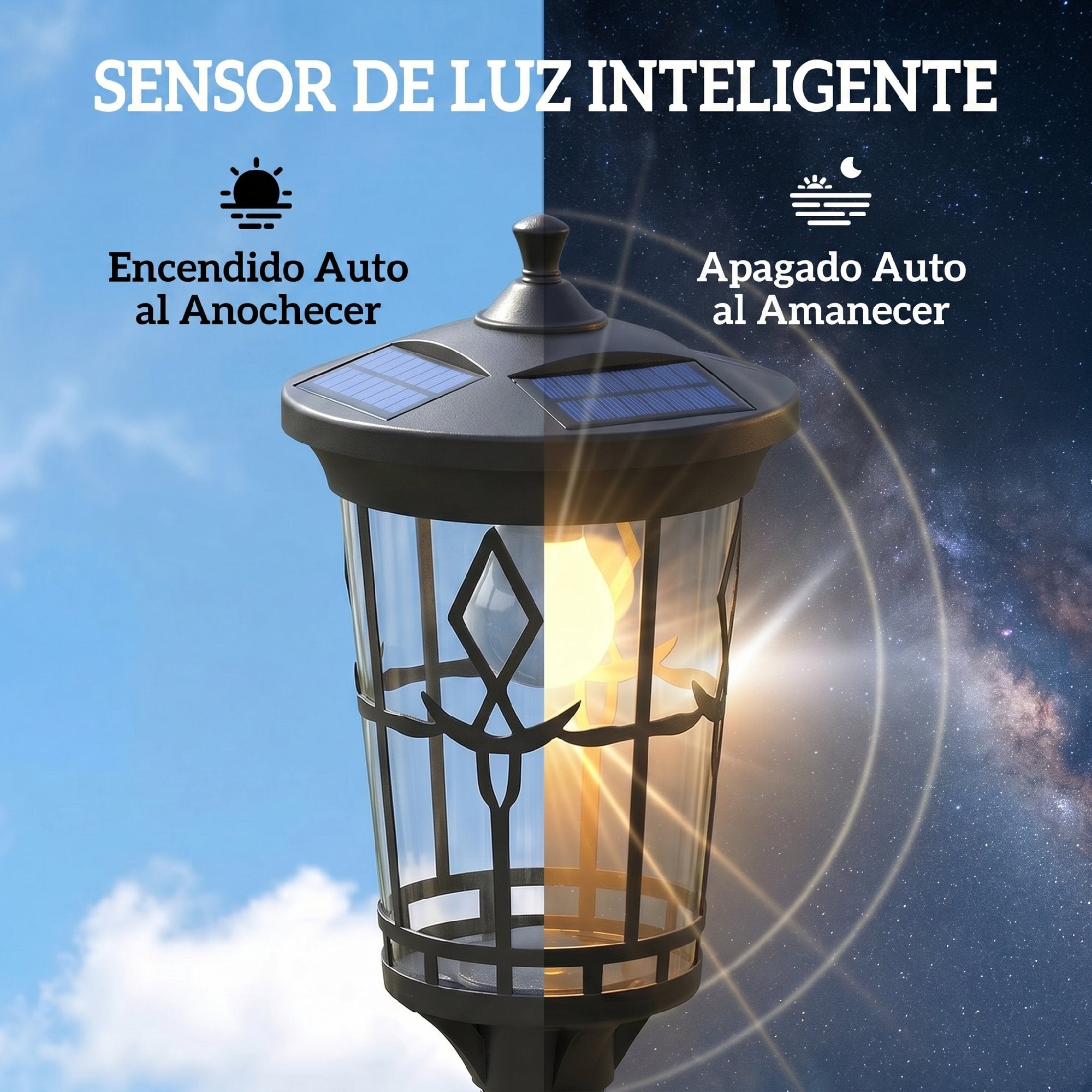 Outsunny Farola Solar Exterior de Jardín con Macetero, Luz Solar de Exterior LED, 2 Modos de Brillo 100/50 lm, Impermeable IP44, Encendido/Apagado Automático, para Terraza, Patio, 41,5x41,5x202,5 cm