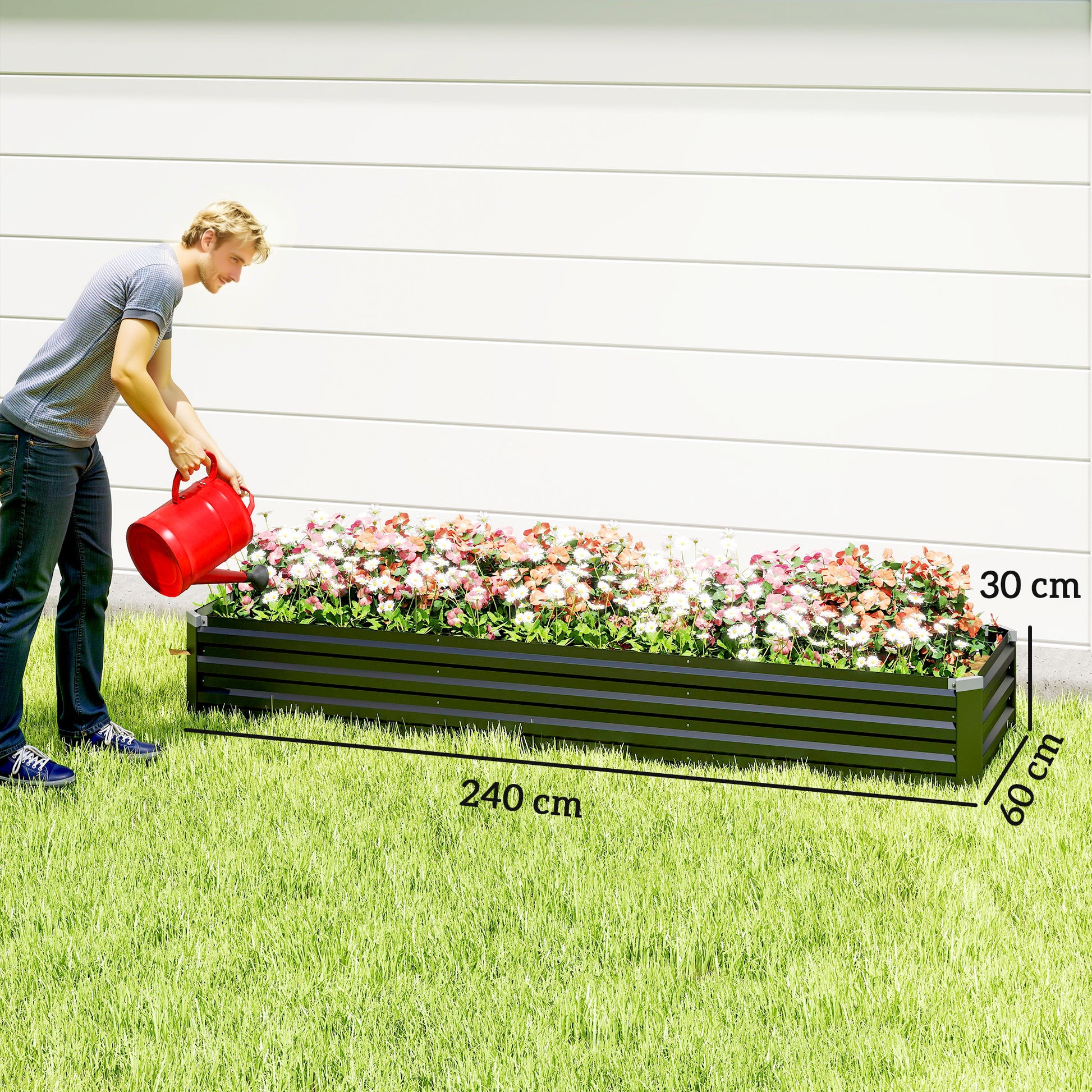Outsunny Jardinera Exterior Grande Rectangular de Acero Galvanizado, Huerto Urbano para Cultivar Plantas Hierba, Macetero Grande Exterior con Base Abierta Resistente a la Intemperie 240x60x30 cm Gris
