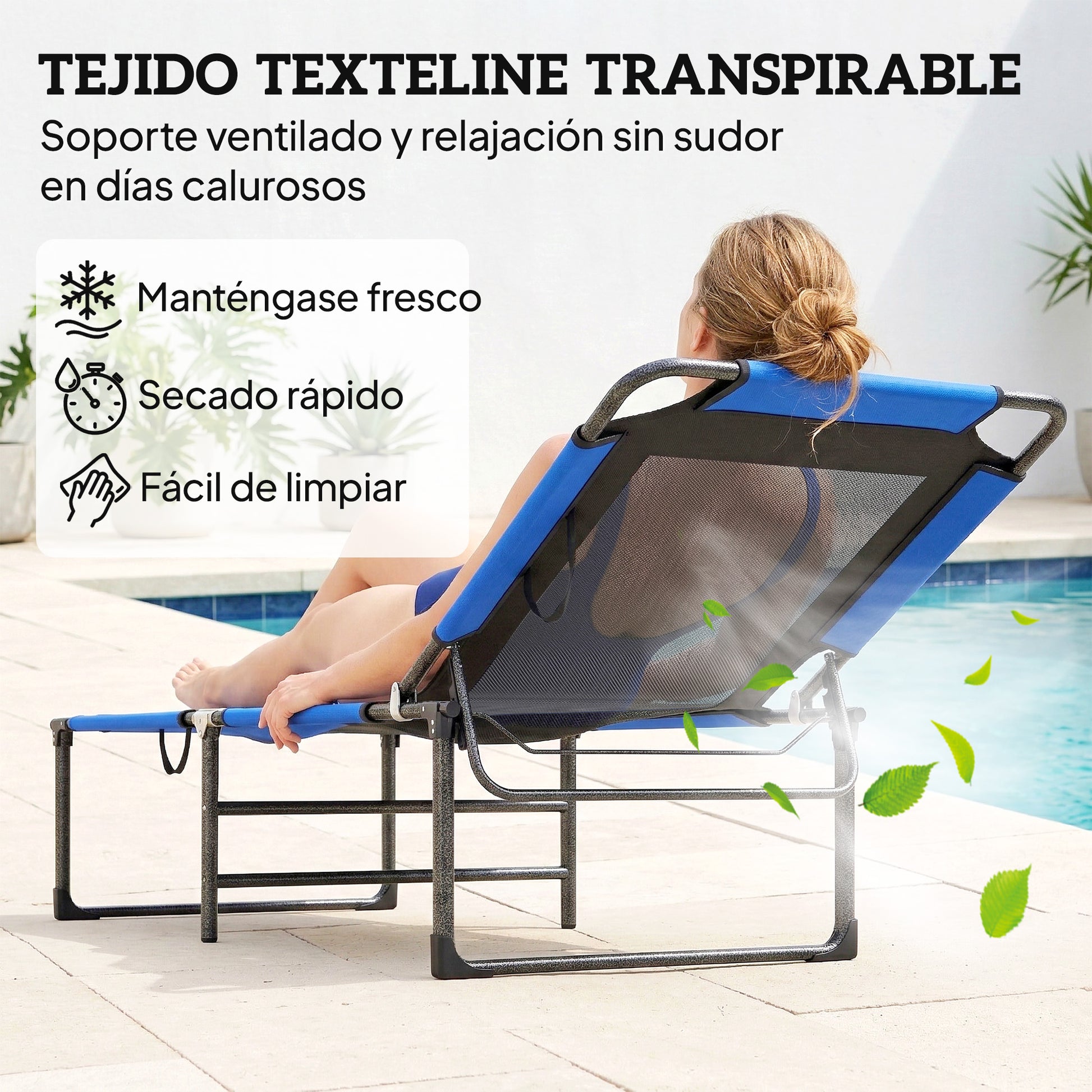 Outsunny Tumbona Plegable, Tumbona Jardín Exterior con Respaldo Ajustable en 4 Posiciones, Asas de Transporte y Respaldo de Textilene, Carga 120 kg, para Terraza, Piscina, Playa, 175x58x68 cm, Azul