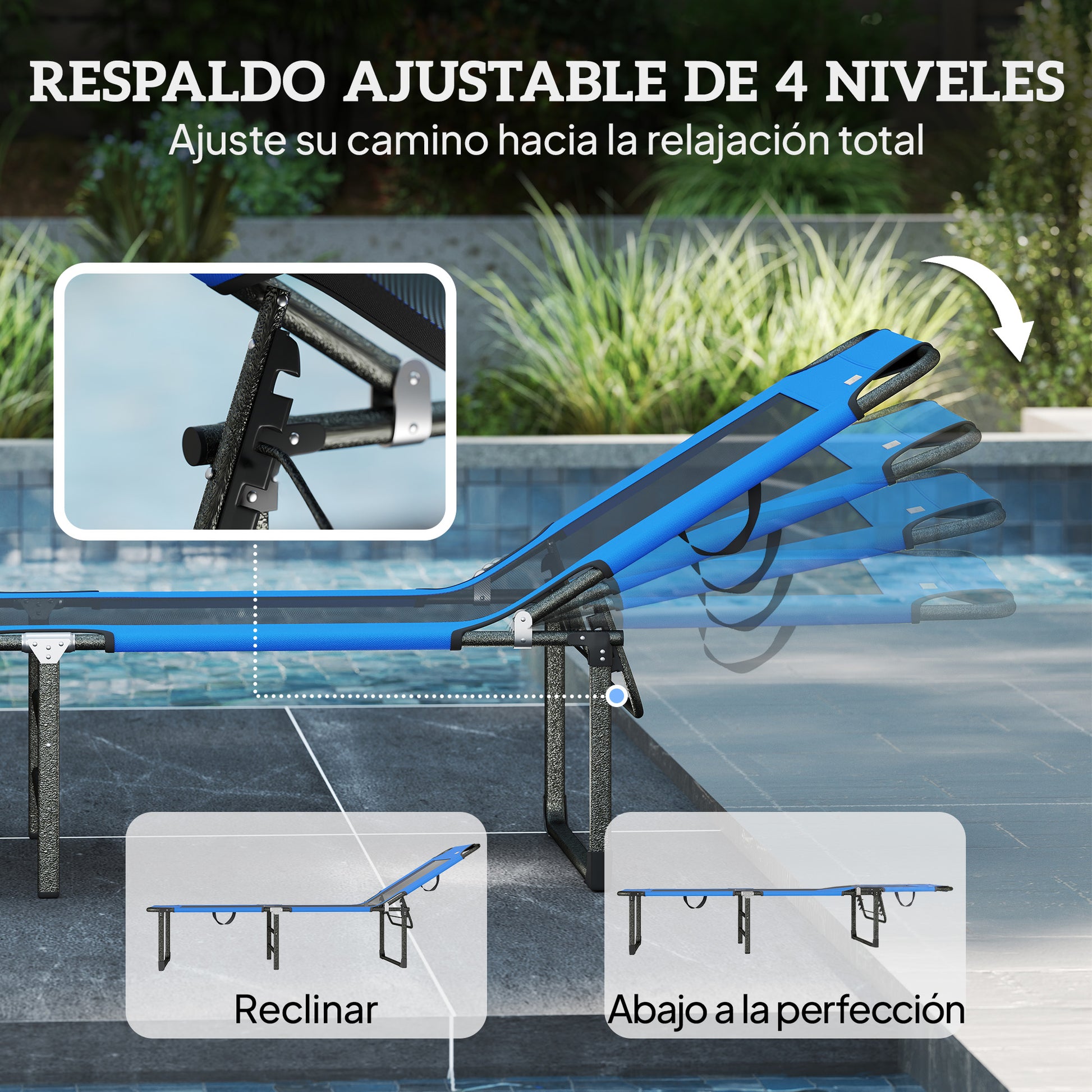 Outsunny Tumbona Plegable, Tumbona Jardín Exterior con Respaldo Ajustable en 4 Posiciones, Asas de Transporte y Respaldo de Textilene, Carga 120 kg, para Terraza, Piscina, Playa, 175x58x68 cm, Azul