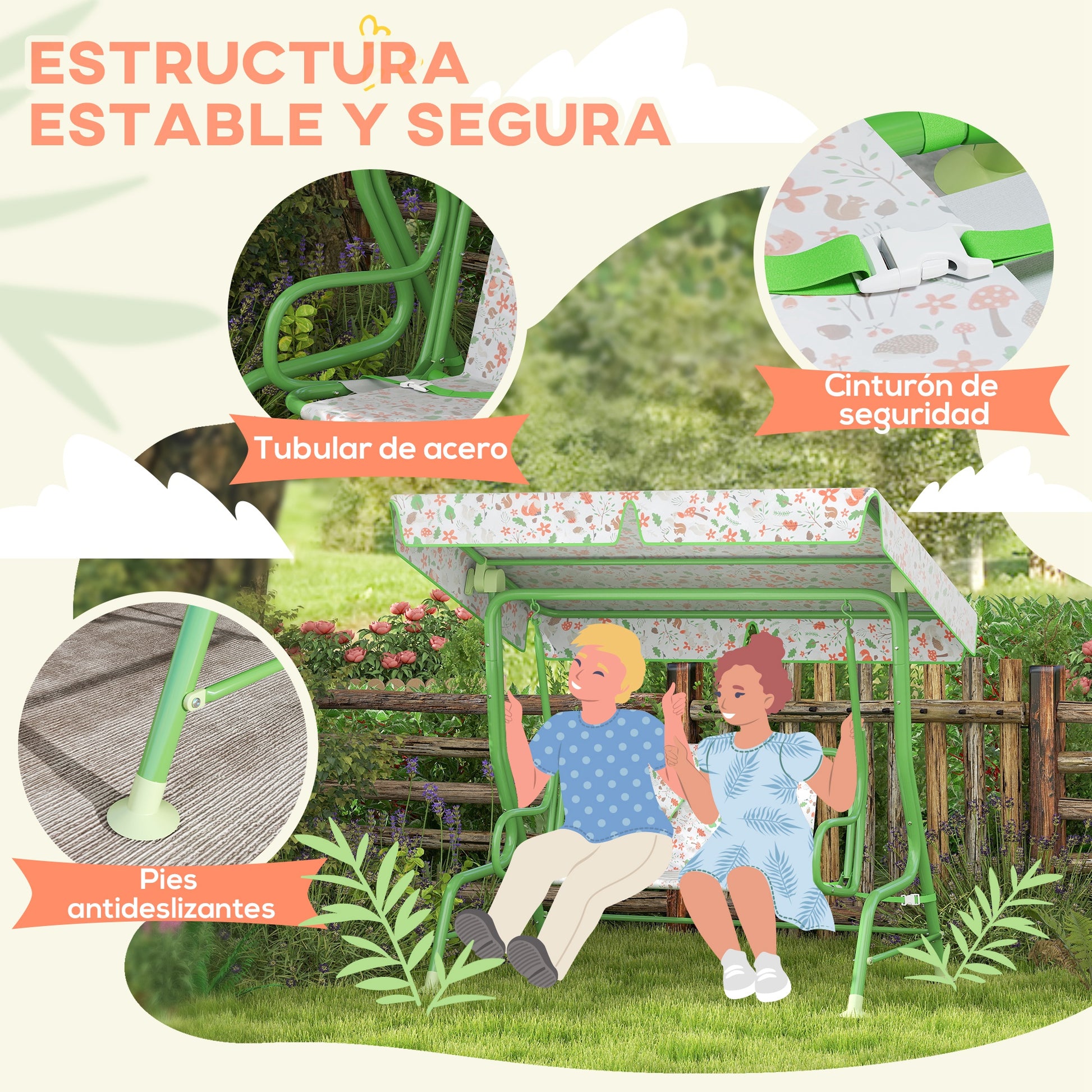 AIYAPLAY Columpio de Jardín Exterior para Niños de +3 Años Balancín de Jardín Exterior de 2 Plazas con Toldo Ajustable Arnés de Seguridad y Estampados Bonitos 112x75x120 cm Verde