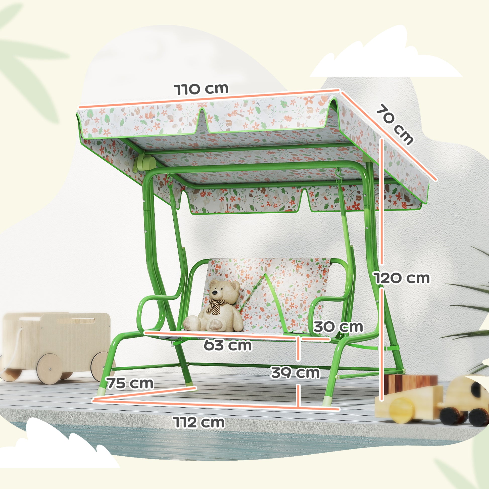 AIYAPLAY Columpio de Jardín Exterior para Niños de +3 Años Balancín de Jardín Exterior de 2 Plazas con Toldo Ajustable Arnés de Seguridad y Estampados Bonitos 112x75x120 cm Verde