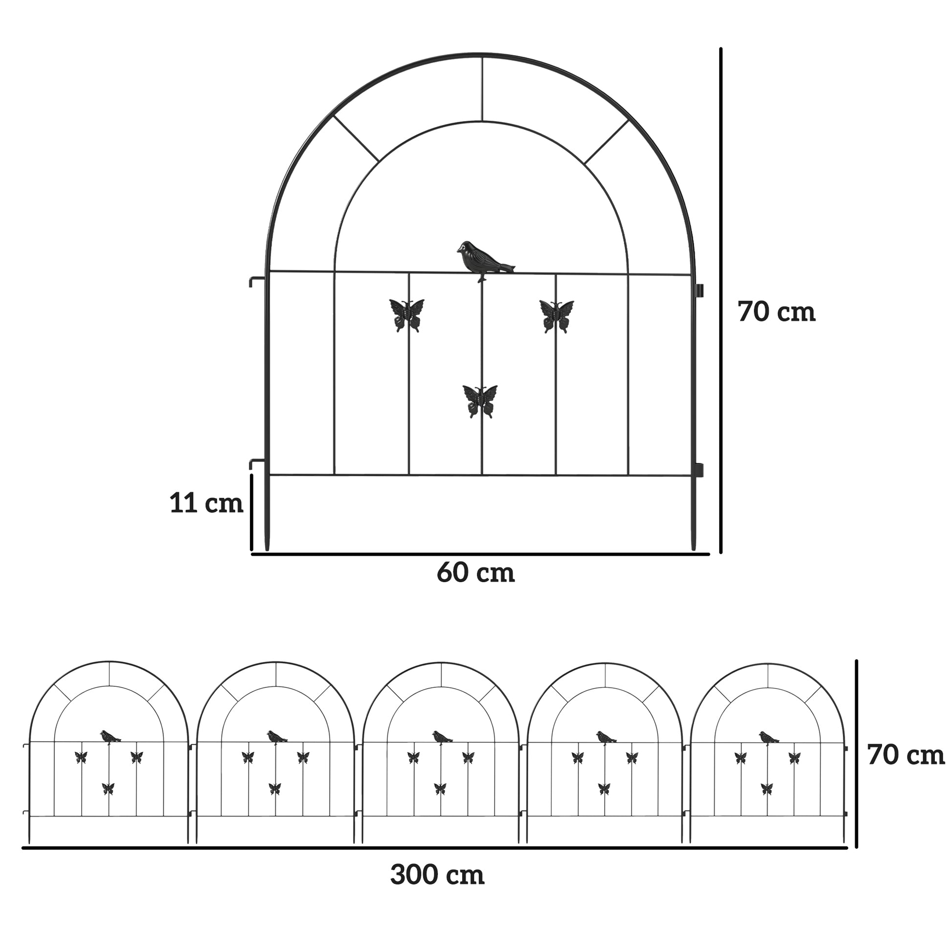 Outsunny Vallas para Jardín Metalicas 300x70 cm Set de 5 Vallas Decorativas para Jardín de Acero Combinación Libre Barrera para Animales para Terraza Patio Césped Negro