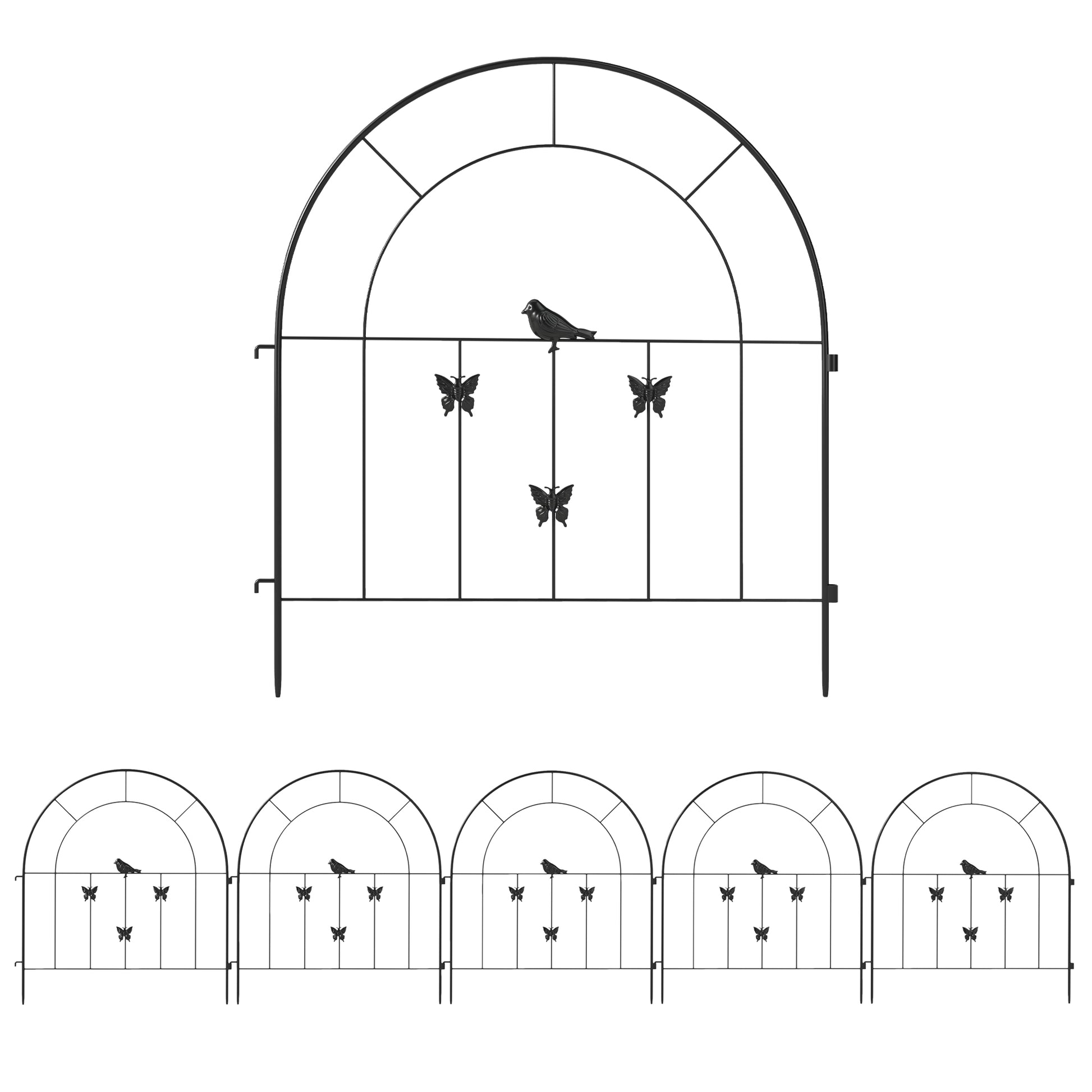 Outsunny Vallas para Jardín Metalicas 300x70 cm Set de 5 Vallas Decorativas para Jardín de Acero Combinación Libre Barrera para Animales para Terraza Patio Césped Negro