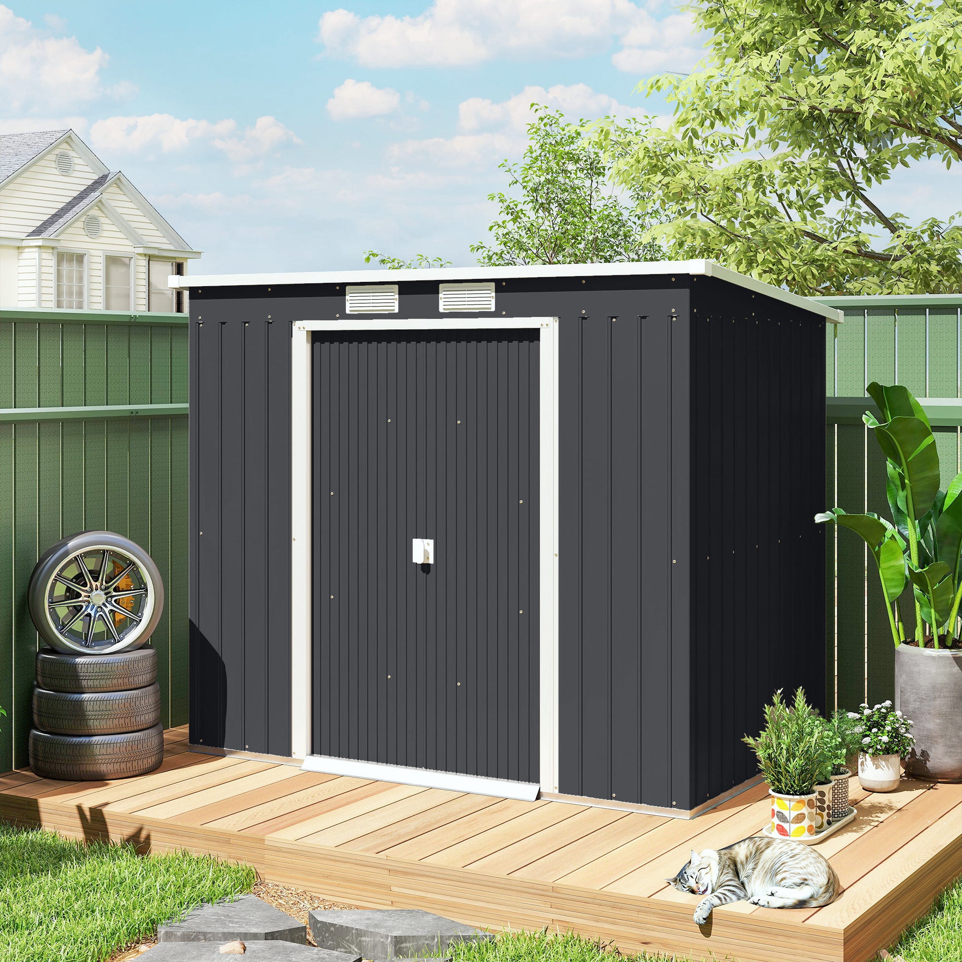 Outsunny Caseta de Jardín Exterior 2,4 m², 213x130x172 cm, Cobertizo de Jardín Exterior Metálico con Puerta Corredera, Techo Inclinado, Base Refuerzo (Suelo NO Incluido) y 2 Ventanas, Gris Oscuro