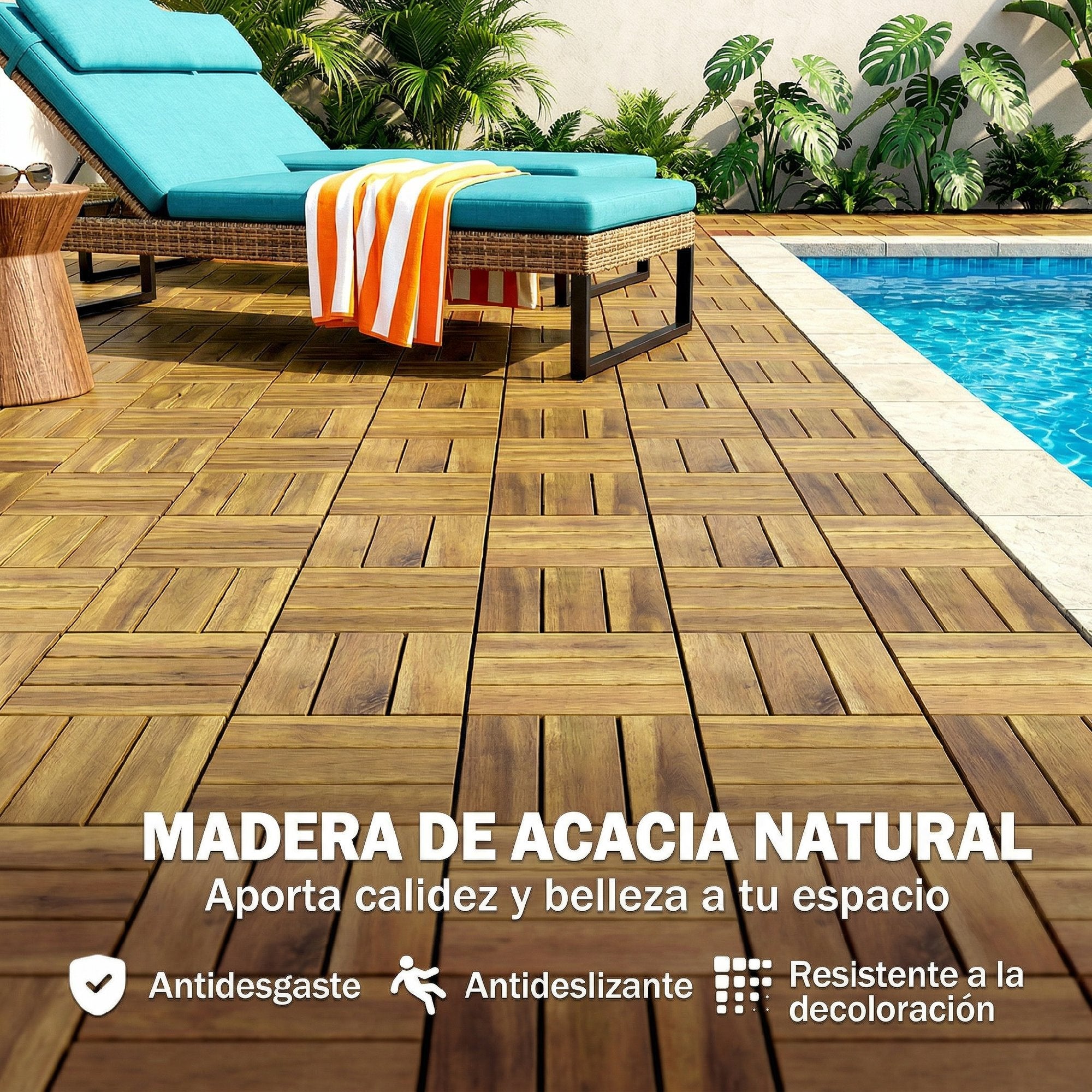 Outsunny Set de 10 Piezas Baldosas de Exterior de Madera de Acacia, 31x31 cm, 0,91 m², Suelo de Terraza Exterior, Antideslizantes y Resistentes al Clima, Fácil Instalación, para Terraza, Natural