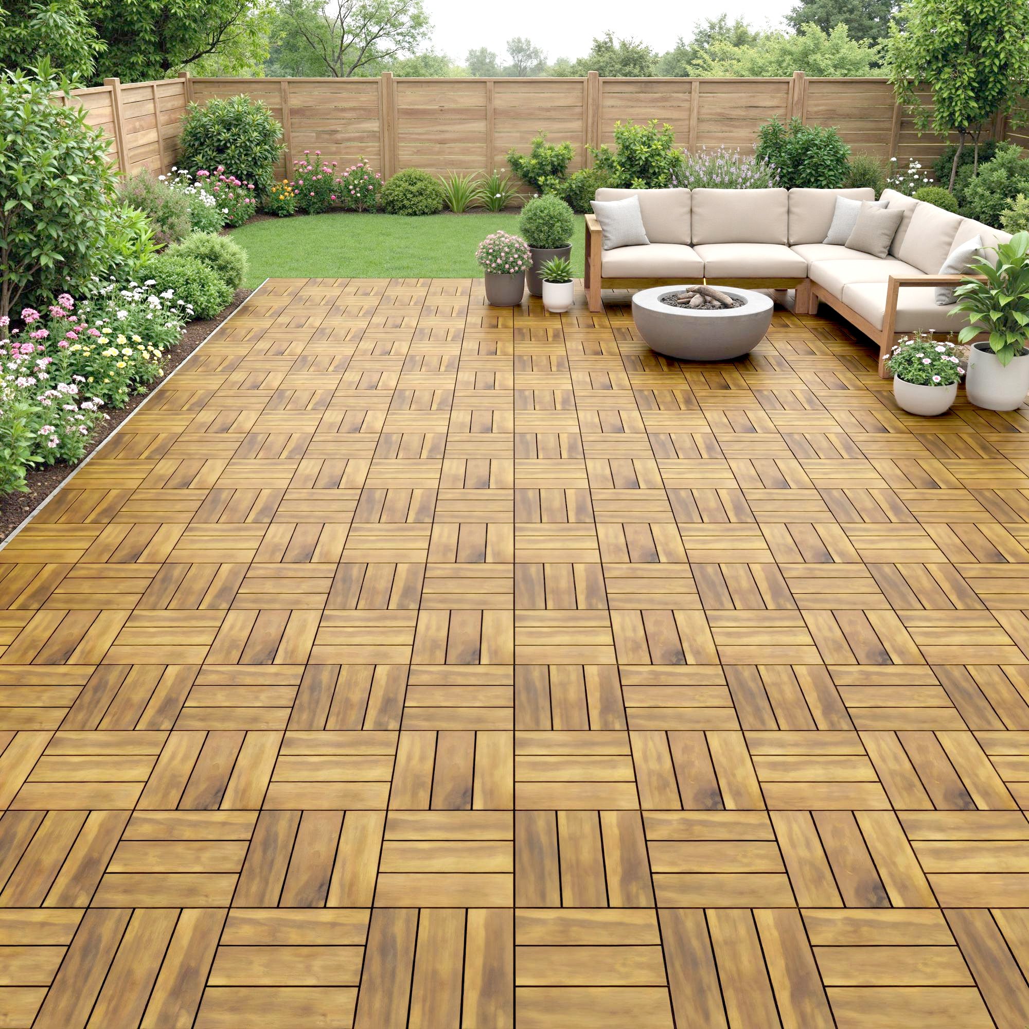 Outsunny Set de 10 Piezas Baldosas de Exterior de Madera de Acacia, 31x31 cm, 0,91 m², Suelo de Terraza Exterior, Antideslizantes y Resistentes al Clima, Fácil Instalación, para Terraza, Natural