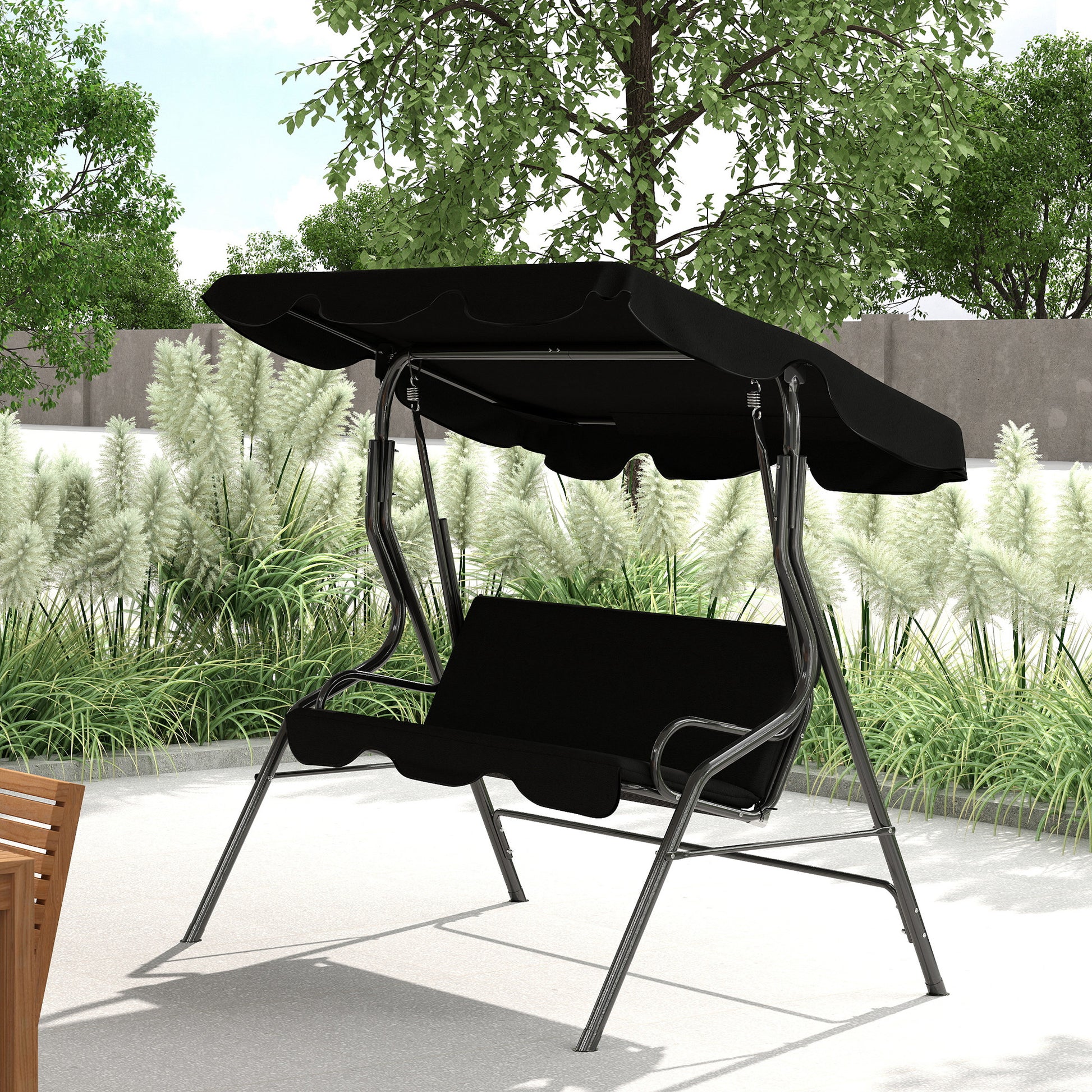 Outsunny Columpio de Jardín de 2-3 Plazas, Balancín de Exterior con Toldo Ajustable en Ángulo, Impermeable y Marco de Acero, para Patio, Balcón, 170x110x153 cm, Negro