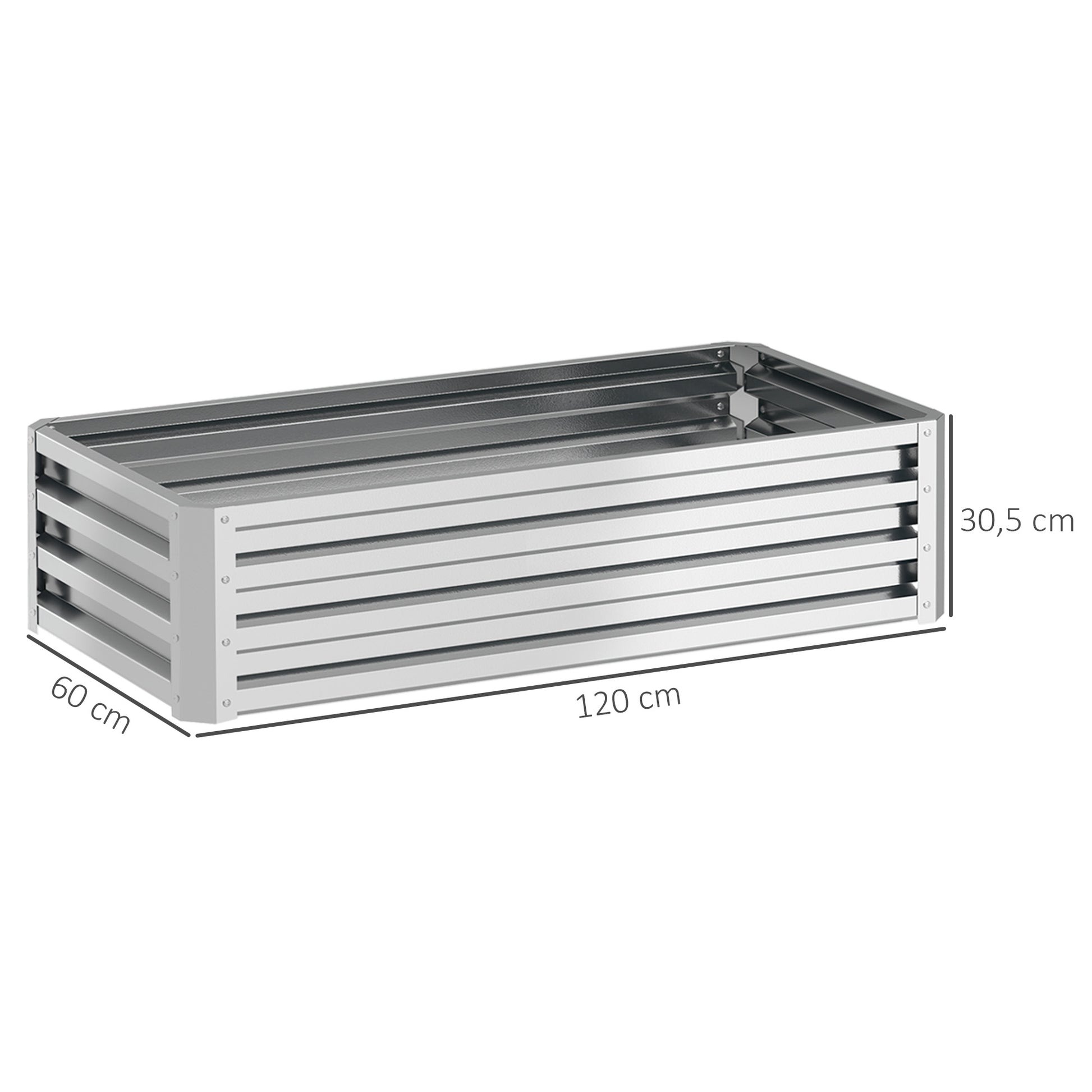 Outsunny Jardinera Exterior Grande de Acero Galvanizado, Huerto Urbano Elevado para Cultivar Plantas, Flores, Hierba, Macetero Exterior Rectangular con Fondo Abierto, 120x60x30,5 cm, Plata