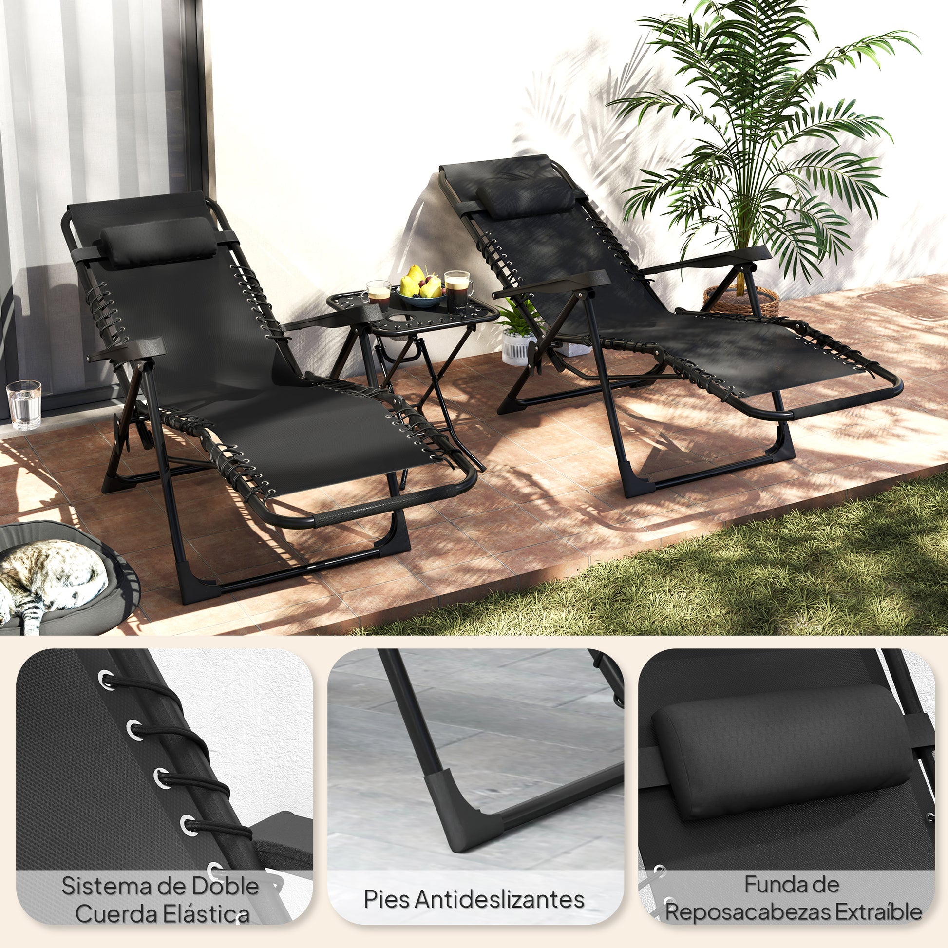 Outsunny Set de 2 Tumbonas Jardín Exterior Plegables con Mesa Auxiliar Portavasos Tumbonas de Gravedad Cero con Respaldo Ajustable Reposabrazos Extraíble para Patio Piscina Terraza Exterior Negro