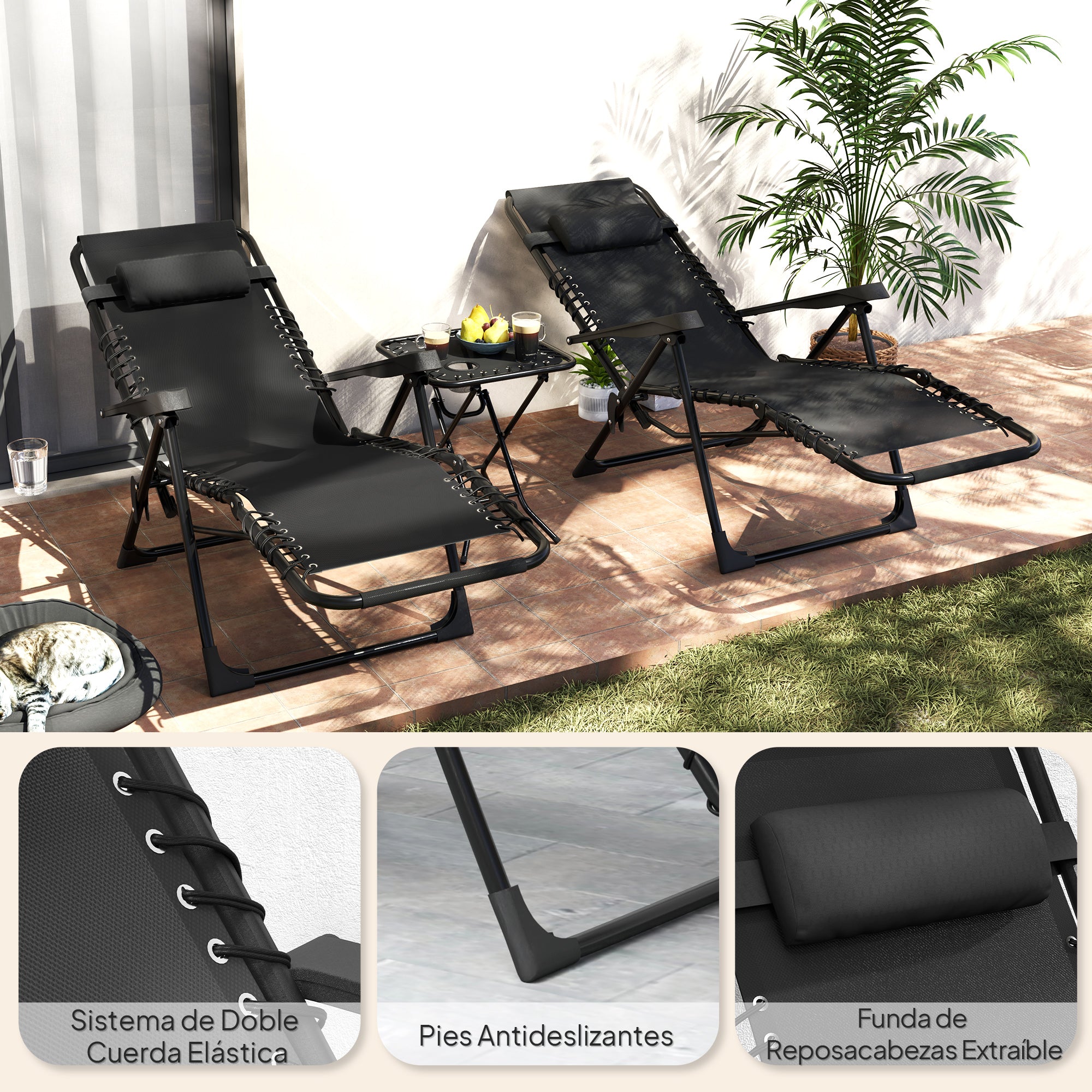 Outsunny Set de 2 Tumbonas Jardín Exterior Plegables con Mesa Auxiliar Portavasos Tumbonas de Gravedad Cero con Respaldo Ajustable Reposabrazos Extraíble para Patio Piscina Terraza Exterior Negro