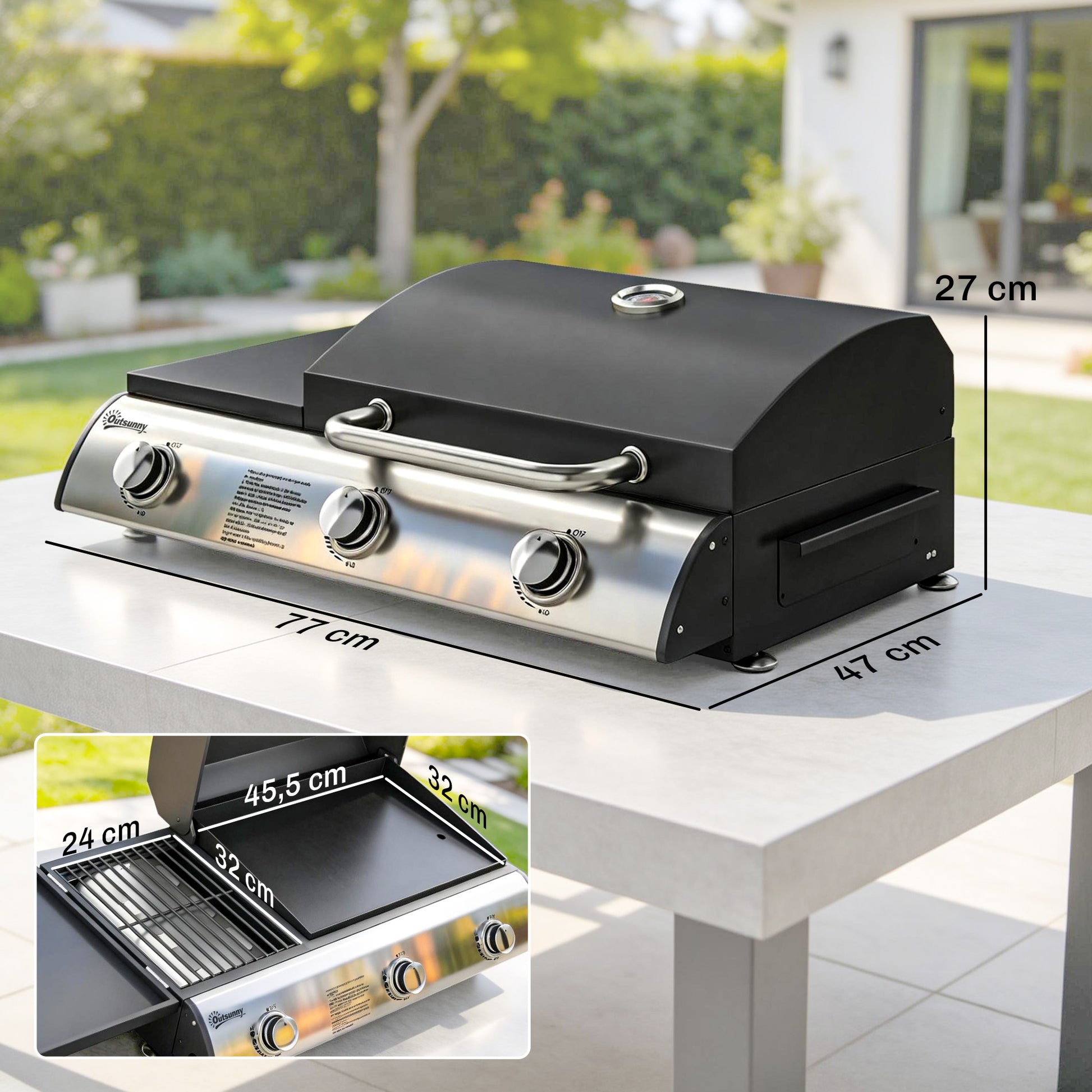 Outsunny Barbacoa de Gas BBQ Gas con 3 Quemadores 7,5 kW, Barbacoa de Mesa Portátil con Parrilla, Plancha, Estante Lateral Convertible, Termómetro, Tapa, Caja de Goteo, Patas Ajustables, Negro