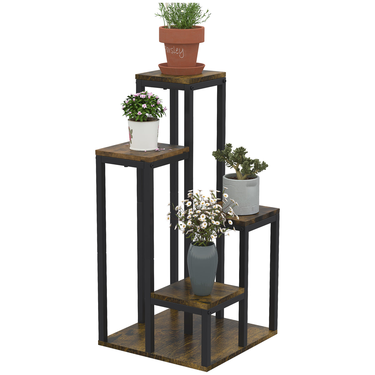 Outsunny Soporte para Plantas de Madera de 4 Niveles, Estantería para Plantas con Base Multiusos, Soporte para Macetas para Interior y Exterior, Balcón, Terraza, Jardín, 40x40x81 cm, Marrón Rústico