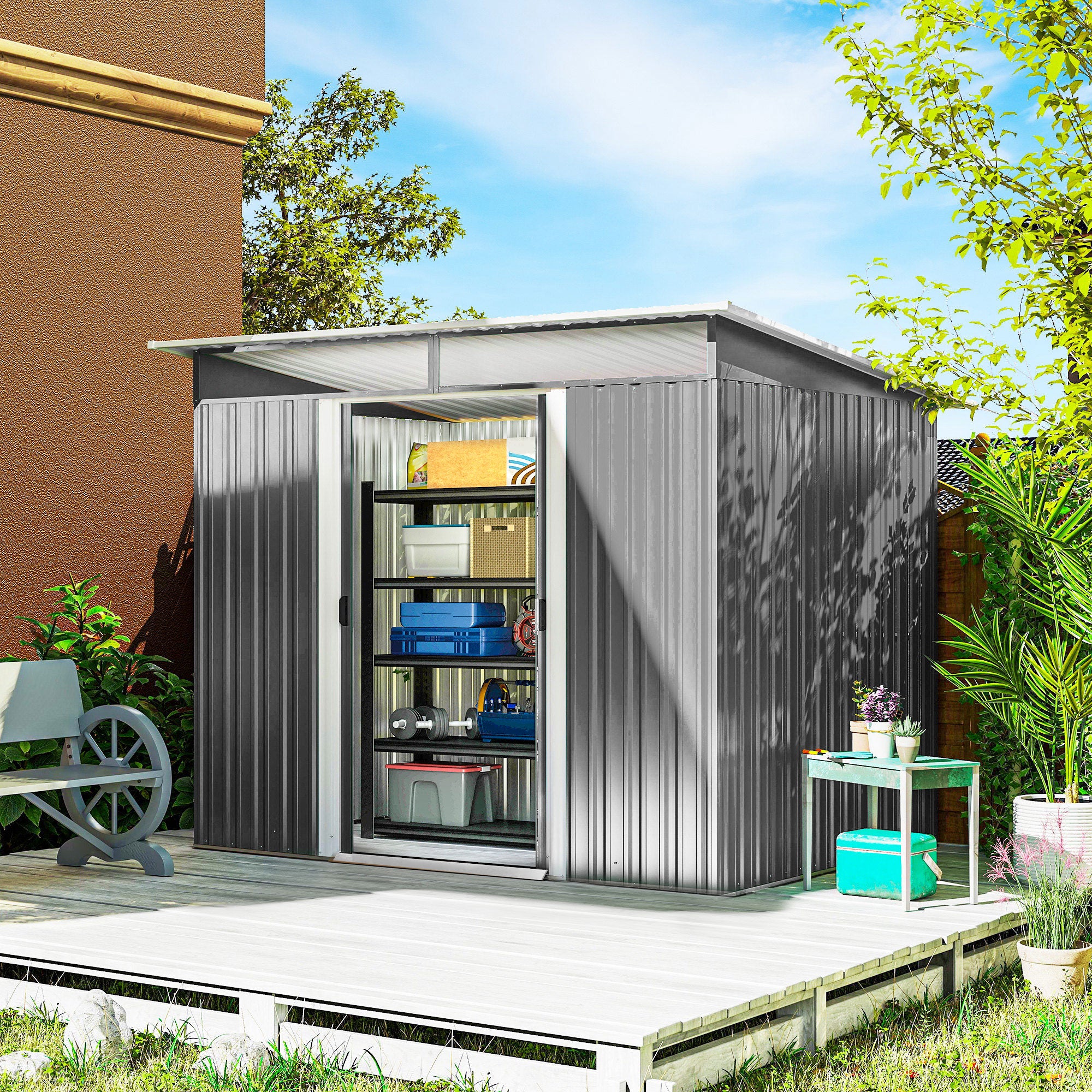 Outsunny Cobertizo de Jardín Exterior 4,5 m² 260x194x200 cm Caseta de Jardín Exterior Metálica con Paneles Frontales Transparentes y 2 Puertas Corredizas para Almacenamiento de Herramientas Gris