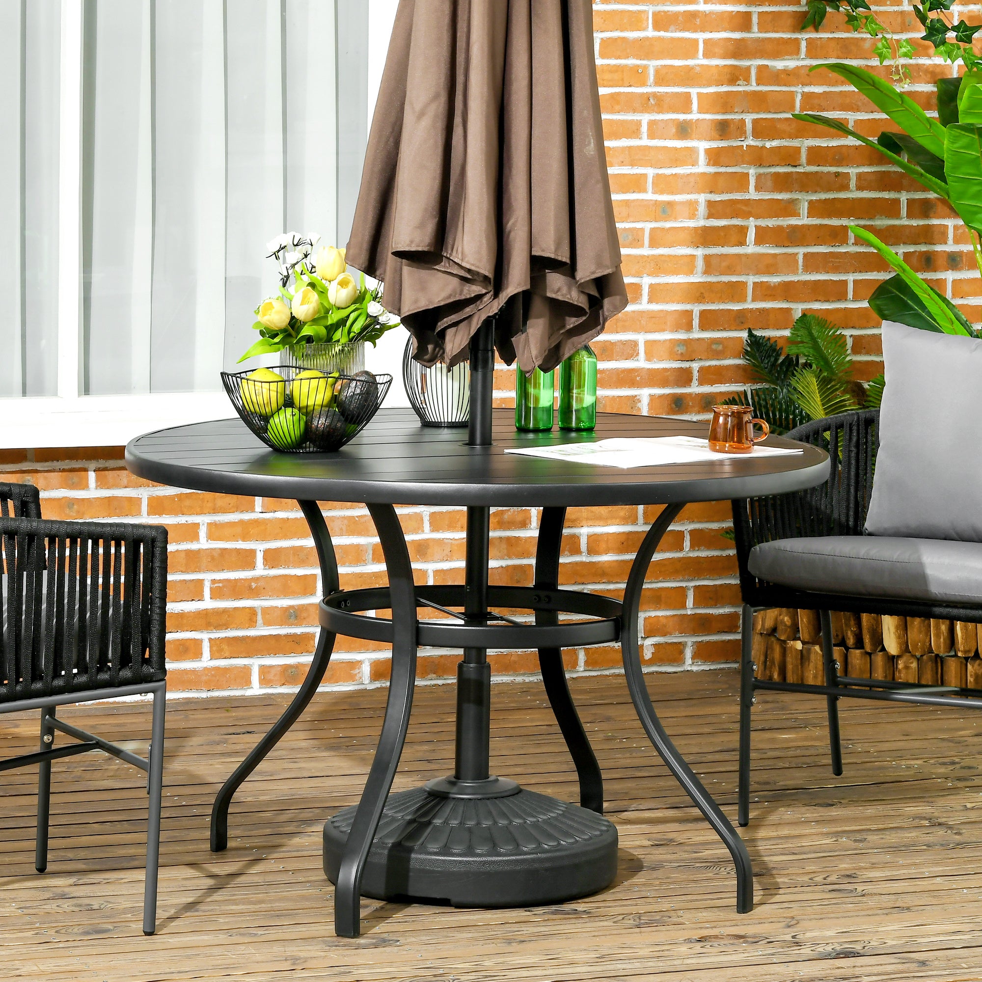 Outsunny Mesa Jardín Exterior Redonda de Acero Ø115x72 cm Mesa Terraza Exterior con Tablero de listones Agujero para Sombrilla Estable Resistente a la Intemperie Fácil de Montar Negro