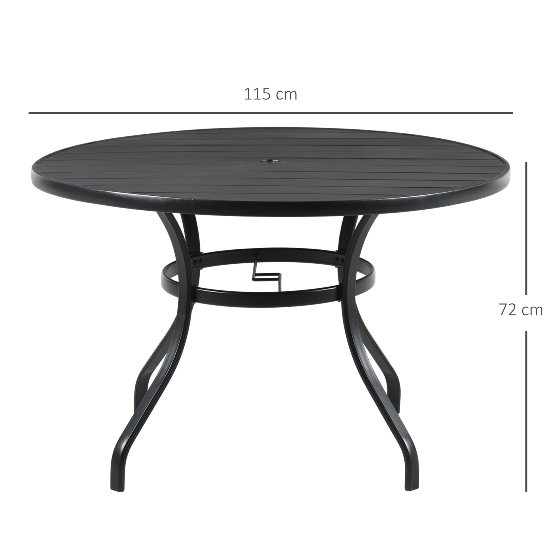 Outsunny Mesa Jardín Exterior Redonda de Acero Ø115x72 cm Mesa Terraza Exterior con Tablero de listones Agujero para Sombrilla Estable Resistente a la Intemperie Fácil de Montar Negro