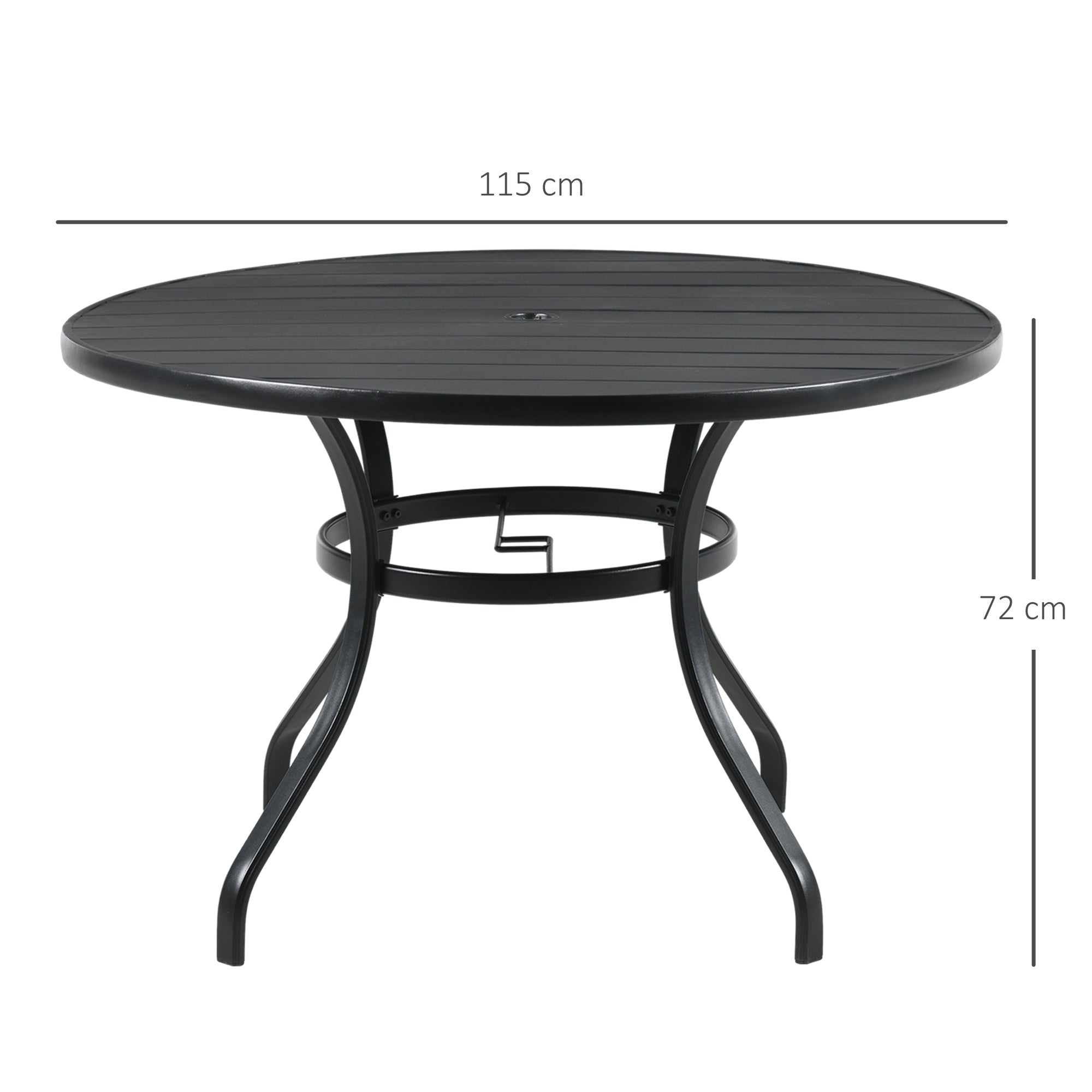 Outsunny Mesa Jardín Exterior Redonda de Acero Ø115x72 cm Mesa Terraza Exterior con Tablero de listones Agujero para Sombrilla Estable Resistente a la Intemperie Fácil de Montar Negro