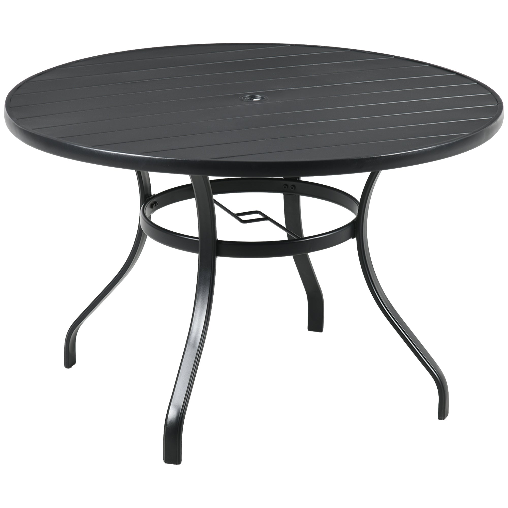 Outsunny Mesa Jardín Exterior Redonda de Acero Ø115x72 cm Mesa Terraza Exterior con Tablero de listones Agujero para Sombrilla Estable Resistente a la Intemperie Fácil de Montar Negro