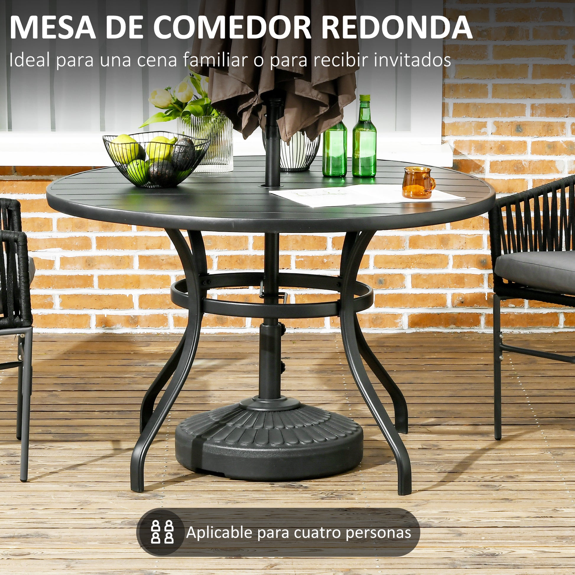 Outsunny Mesa Jardín Exterior Redonda de Acero Ø115x72 cm Mesa Terraza Exterior con Tablero de listones Agujero para Sombrilla Estable Resistente a la Intemperie Fácil de Montar Negro