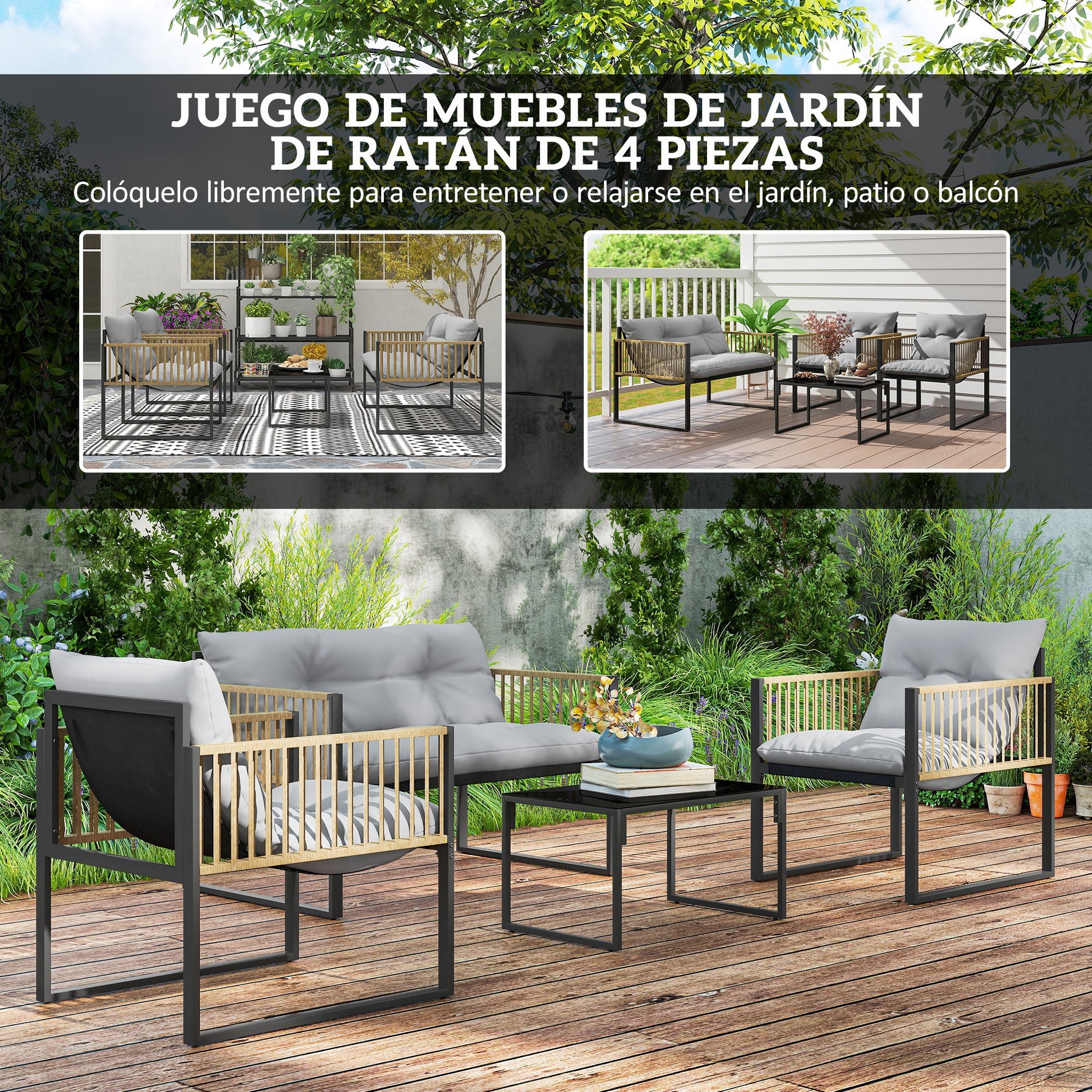 Outsunny Conjunto de Jardín Exterior de Ratán Sintético de 4 Piezas Muebles de Jardín Exterior Incluye Sofá de 2 Plazas 2 Sillones 1 Mesa de Centro de Vidrio con Cojines Gris y Natural