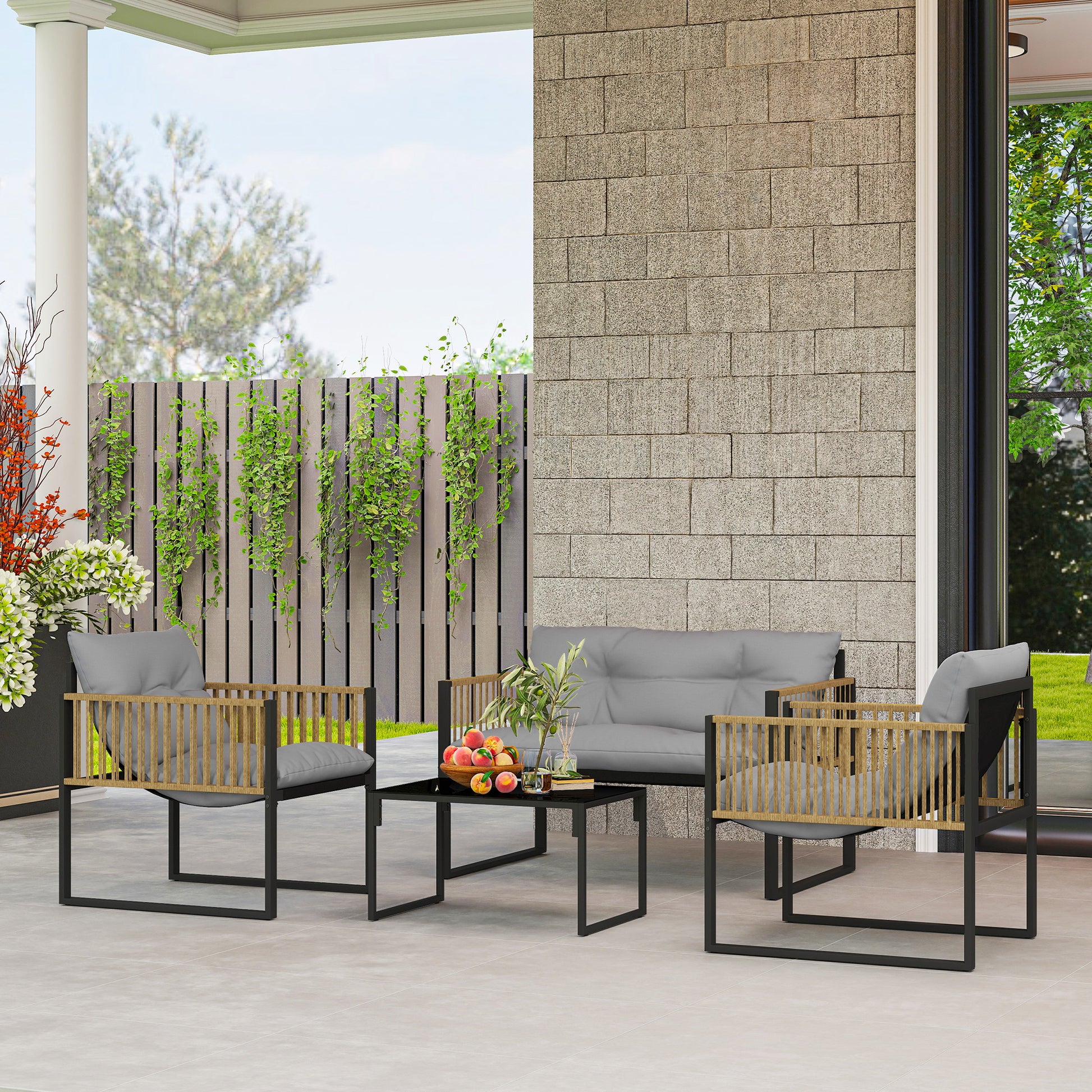 Outsunny Conjunto de Jardín Exterior de Ratán Sintético de 4 Piezas Muebles de Jardín Exterior Incluye Sofá de 2 Plazas 2 Sillones 1 Mesa de Centro de Vidrio con Cojines Gris y Natural