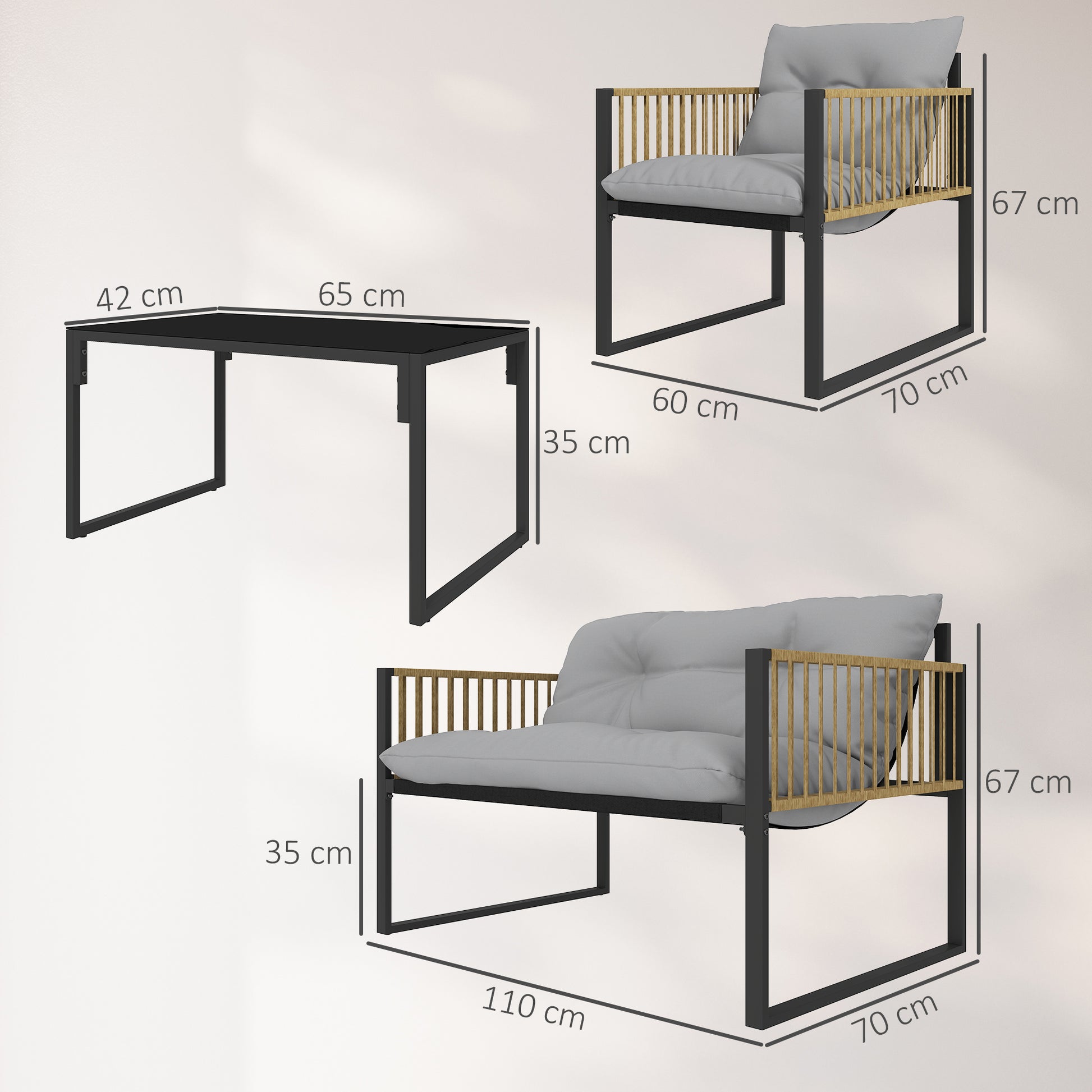 Outsunny Conjunto de Jardín Exterior de Ratán Sintético de 4 Piezas Muebles de Jardín Exterior Incluye Sofá de 2 Plazas 2 Sillones 1 Mesa de Centro de Vidrio con Cojines Gris y Natural