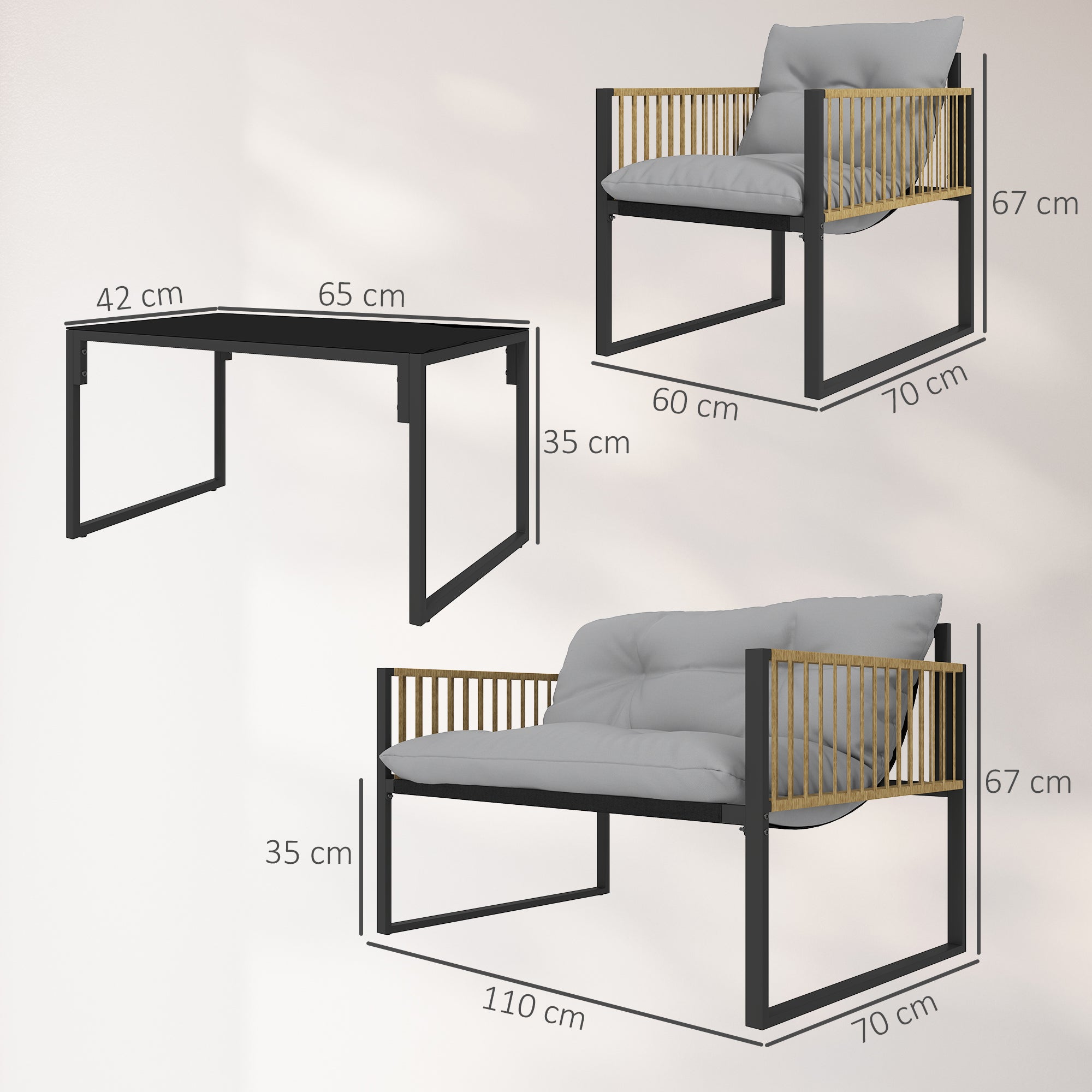 Outsunny Conjunto de Jardín Exterior de Ratán Sintético de 4 Piezas Muebles de Jardín Exterior Incluye Sofá de 2 Plazas 2 Sillones 1 Mesa de Centro de Vidrio con Cojines Gris y Natural