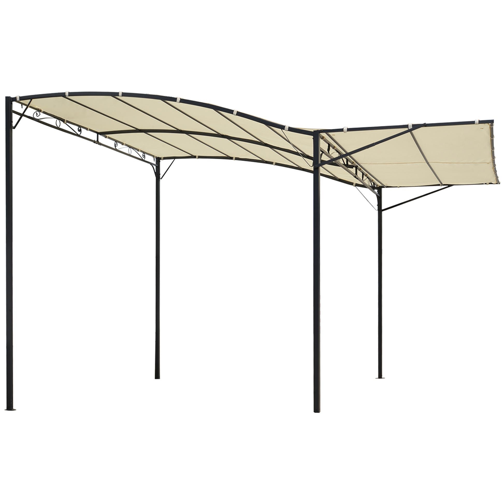 Outsunny Pérgola de Jardín 366x300x200-250 cm Cenador Montado en Pared con Techo Retráctil 10 Orificios de Drenaje Marco de Acero y Poliéster 180 g/m² para Patio Terraza Exterior Crema