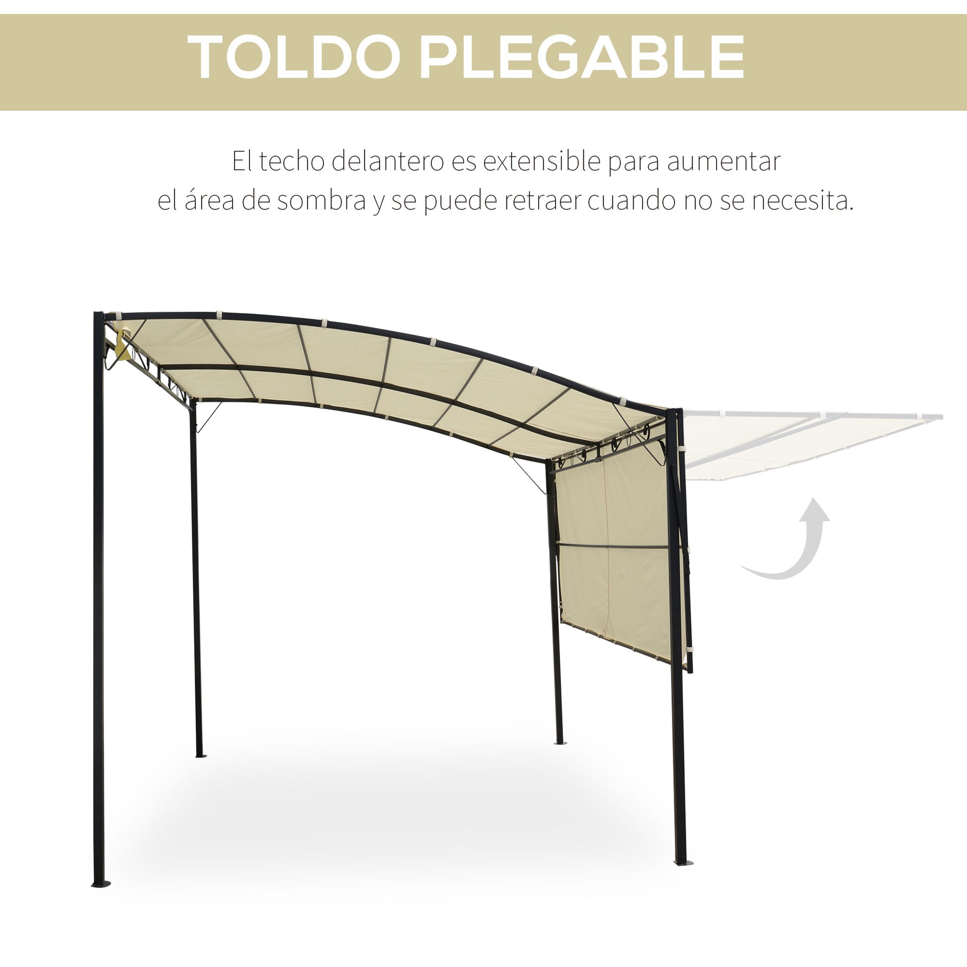 Outsunny Pérgola de Jardín 366x300x200-250 cm Cenador Montado en Pared con Techo Retráctil 10 Orificios de Drenaje Marco de Acero y Poliéster 180 g/m² para Patio Terraza Exterior Crema