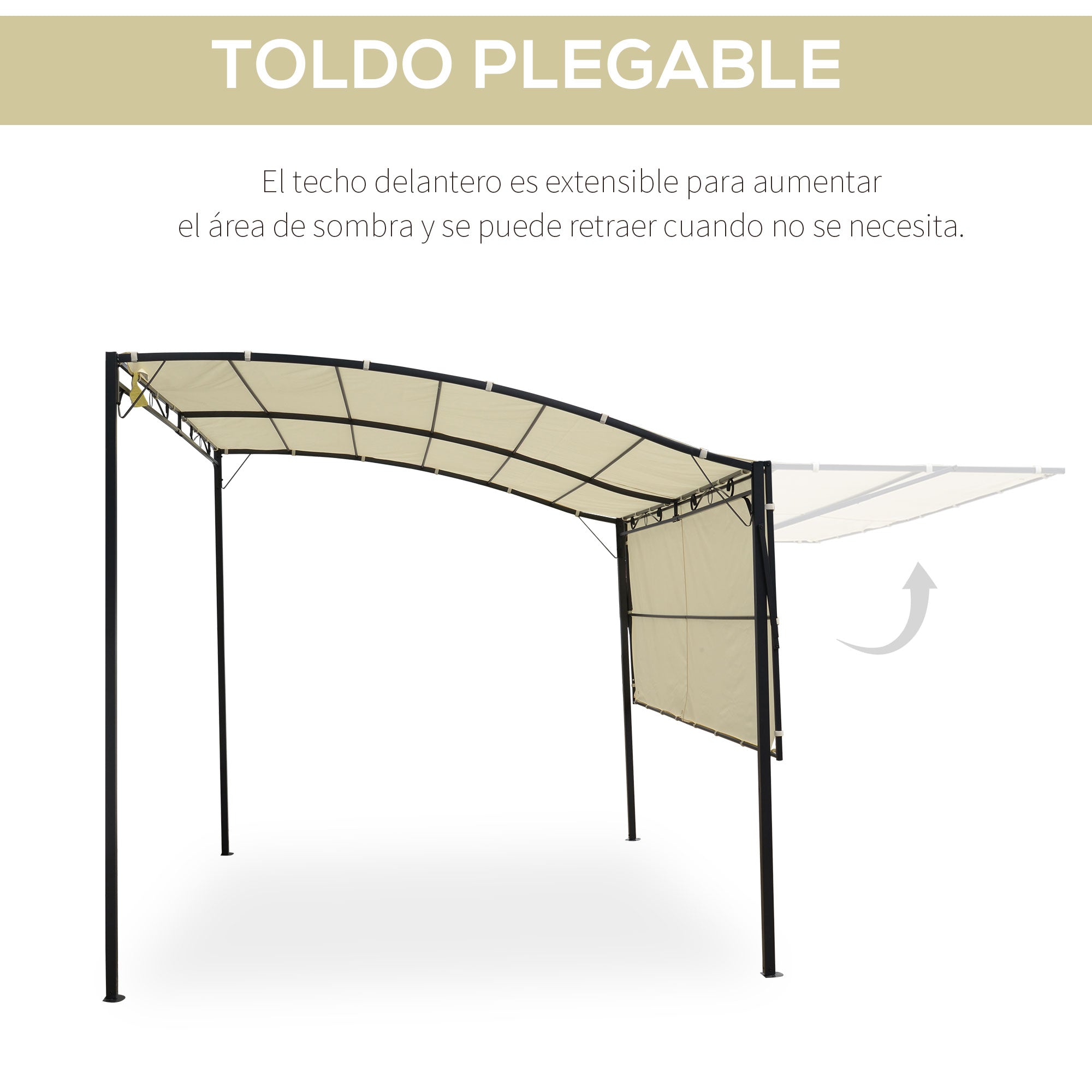 Outsunny Pérgola de Jardín 366x300x200-250 cm Cenador Montado en Pared con Techo Retráctil 10 Orificios de Drenaje Marco de Acero y Poliéster 180 g/m² para Patio Terraza Exterior Crema
