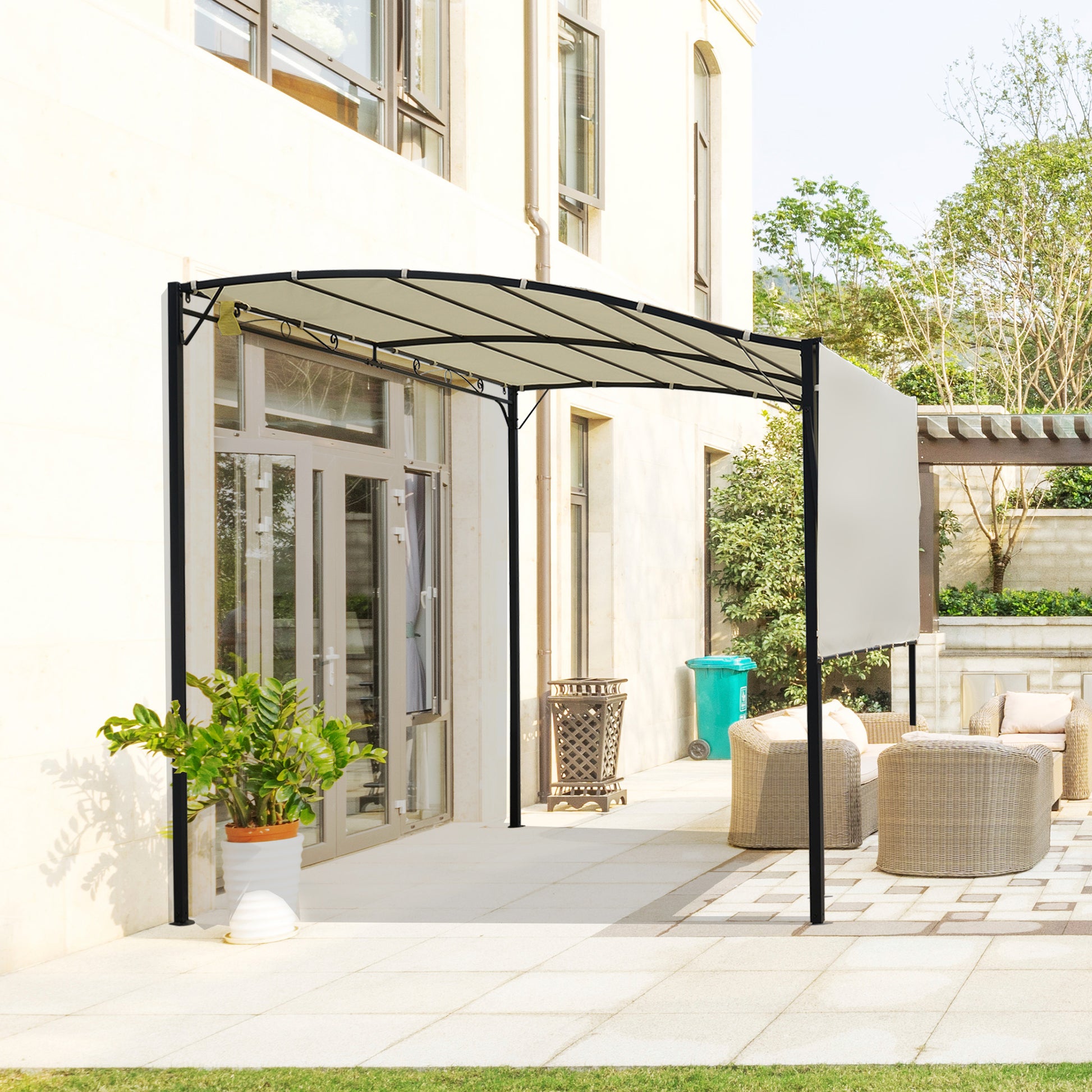 Outsunny Pérgola de Jardín 366x300x200-250 cm Cenador Montado en Pared con Techo Retráctil 10 Orificios de Drenaje Marco de Acero y Poliéster 180 g/m² para Patio Terraza Exterior Crema