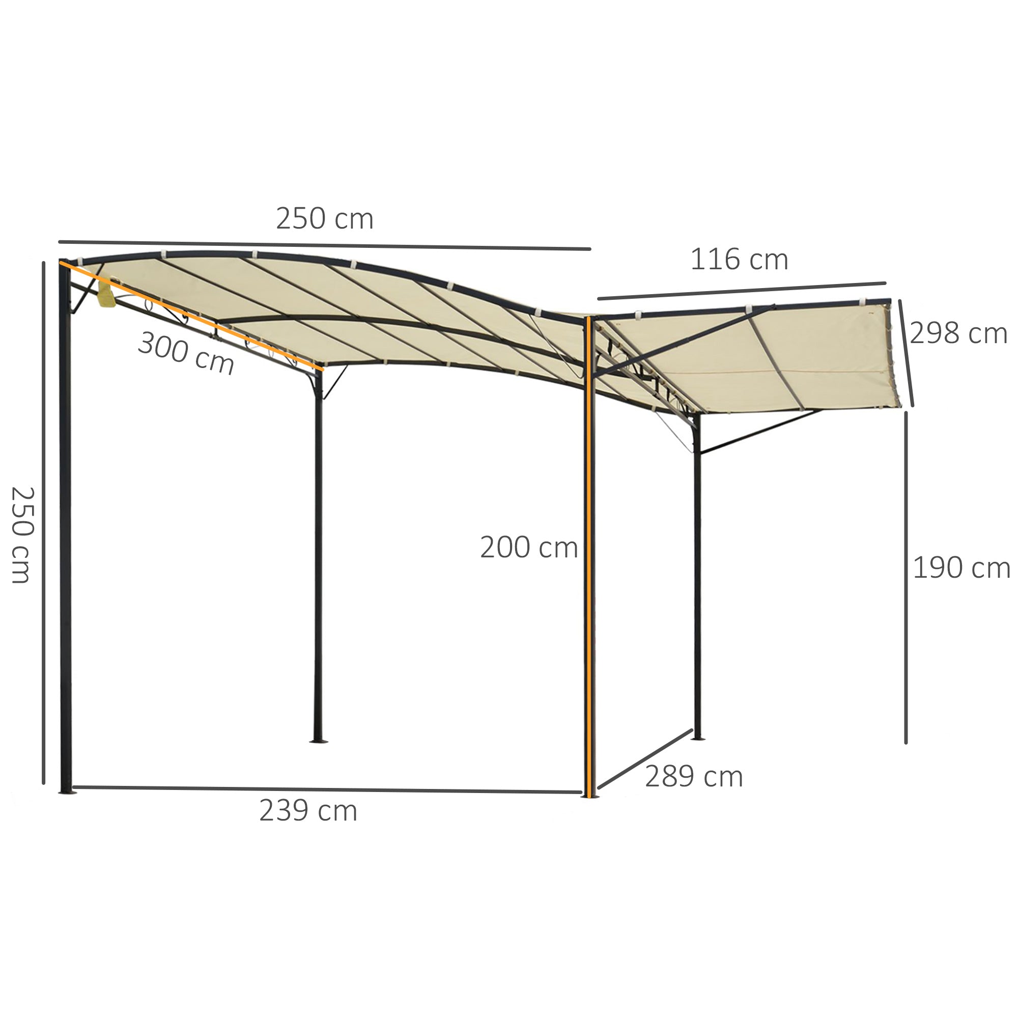 Outsunny Pérgola de Jardín 366x300x200-250 cm Cenador Montado en Pared con Techo Retráctil 10 Orificios de Drenaje Marco de Acero y Poliéster 180 g/m² para Patio Terraza Exterior Crema