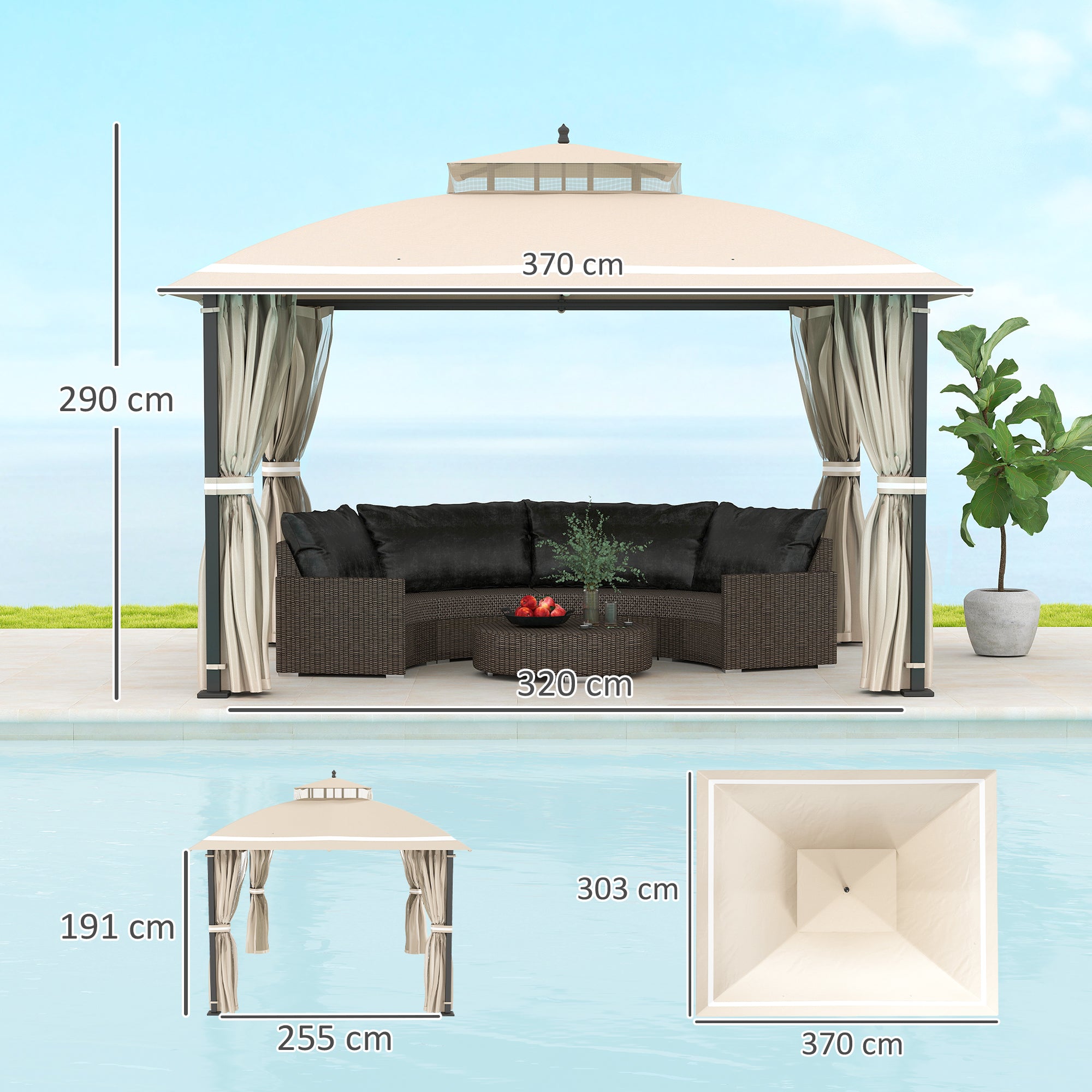 Outsunny Cenador para Jardín 3,7x3 m Pérgola de Jardín Gazebo con Doble Techo Paredes Laterales Mosquiteras Resistente al Agua Anti-UV Carpa para Exterior Terraza Patio Beige