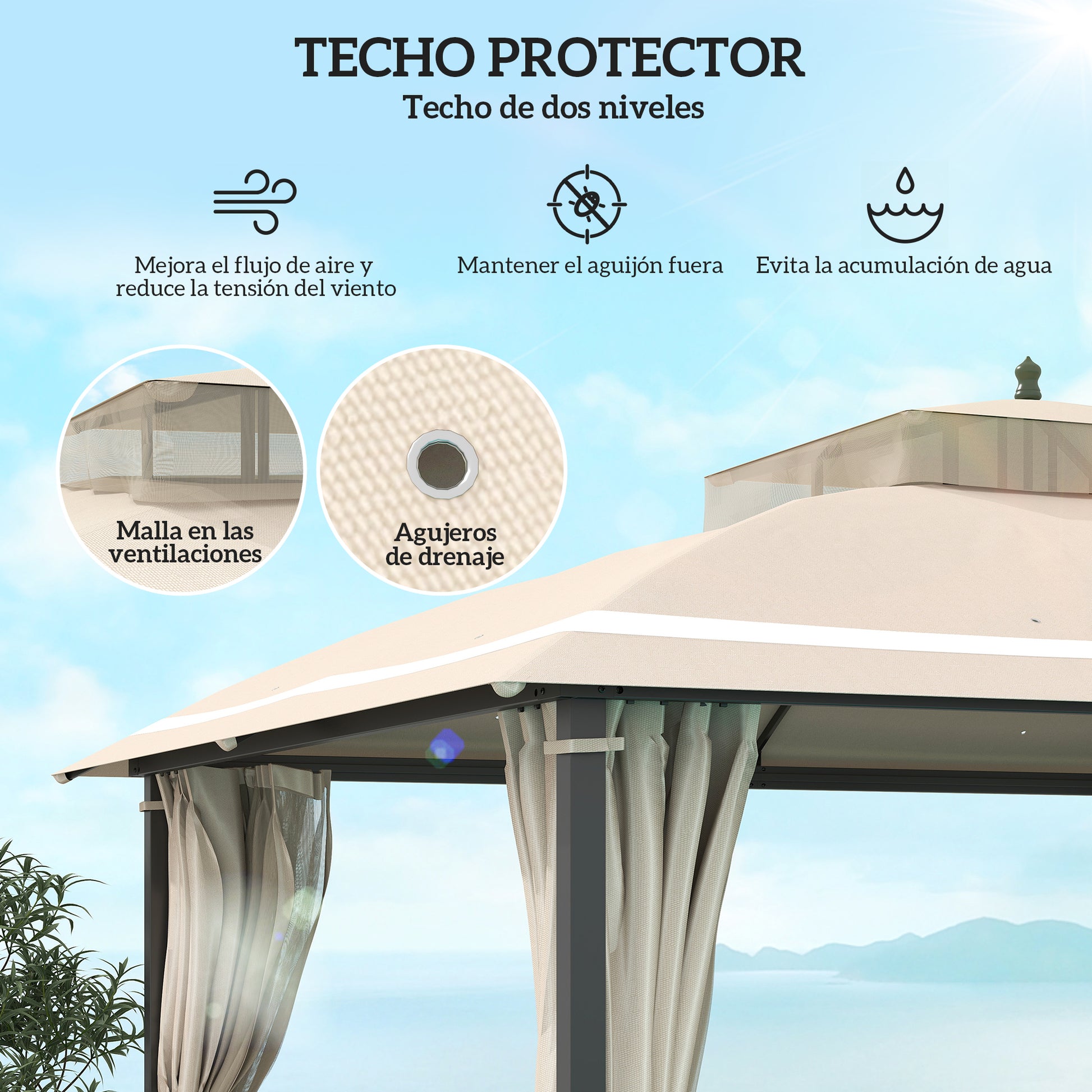 Outsunny Cenador para Jardín 3,7x3 m Pérgola de Jardín Gazebo con Doble Techo Paredes Laterales Mosquiteras Resistente al Agua Anti-UV Carpa para Exterior Terraza Patio Beige