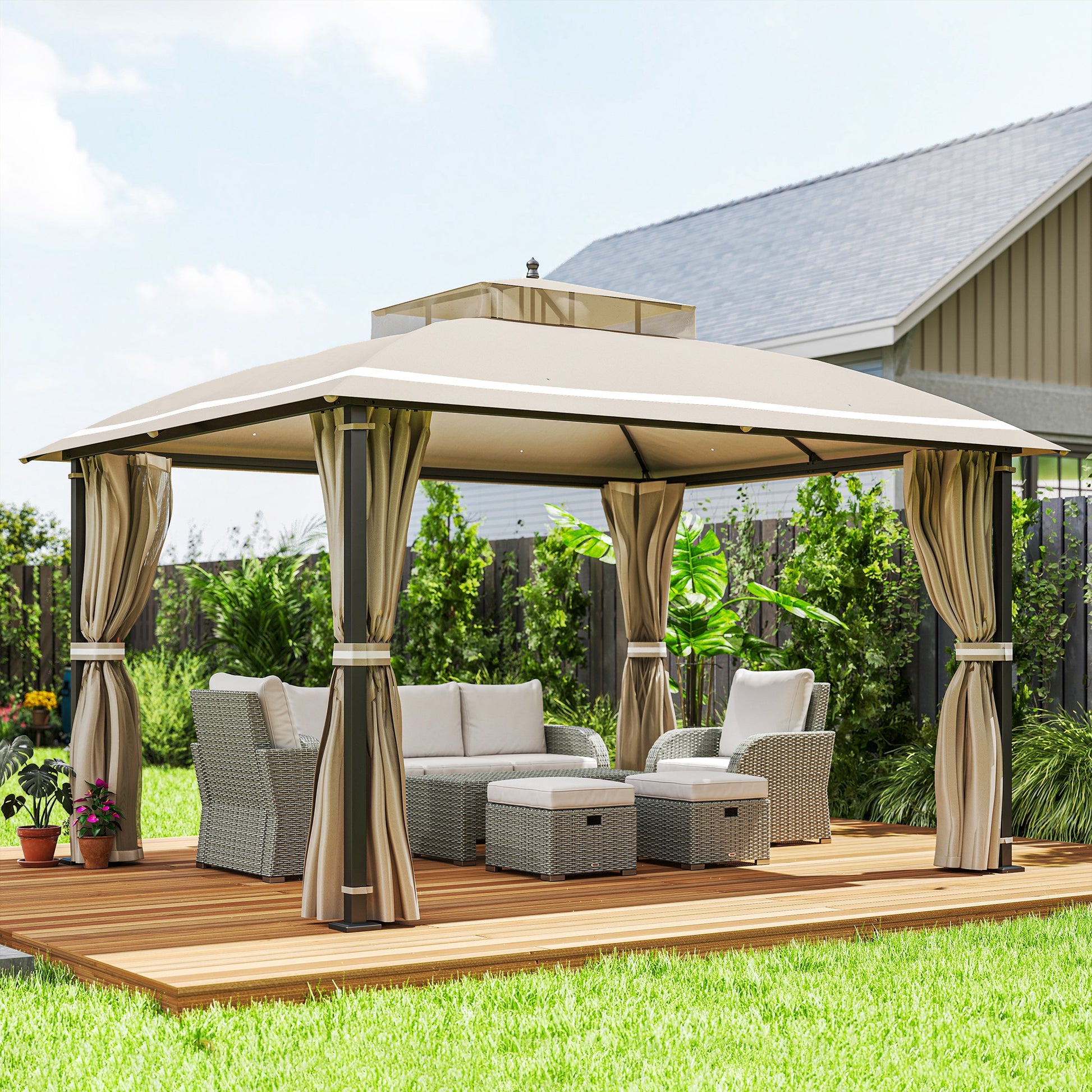 Outsunny Cenador para Jardín 3,7x3 m Pérgola de Jardín Gazebo con Doble Techo Paredes Laterales Mosquiteras Resistente al Agua Anti-UV Carpa para Exterior Terraza Patio Beige