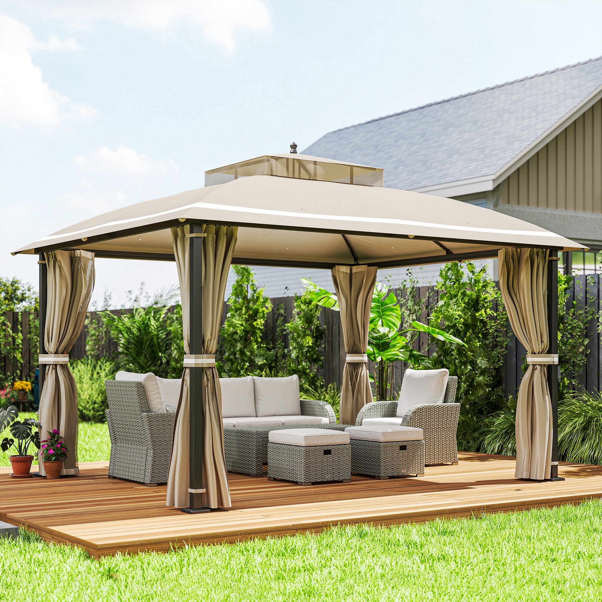 Outsunny Cenador para Jardín 3,7x3 m Pérgola de Jardín Gazebo con Doble Techo Paredes Laterales Mosquiteras Resistente al Agua Anti-UV Carpa para Exterior Terraza Patio Beige