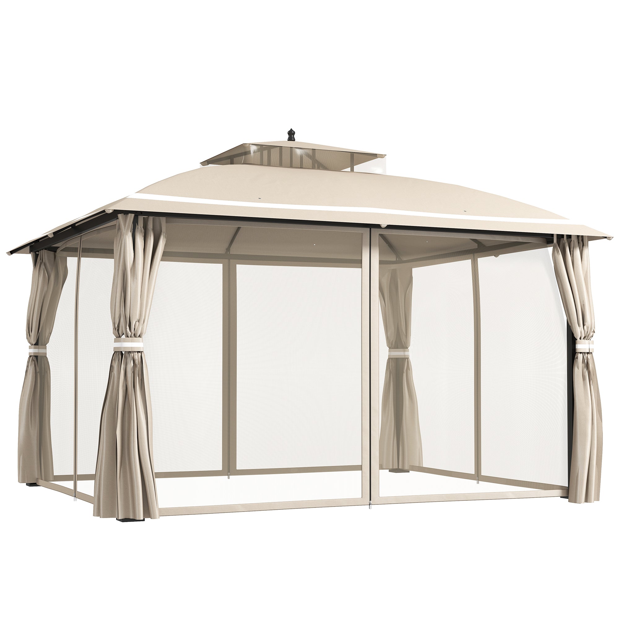 Outsunny Cenador para Jardín 3,7x3 m Pérgola de Jardín Gazebo con Doble Techo Paredes Laterales Mosquiteras Resistente al Agua Anti-UV Carpa para Exterior Terraza Patio Beige
