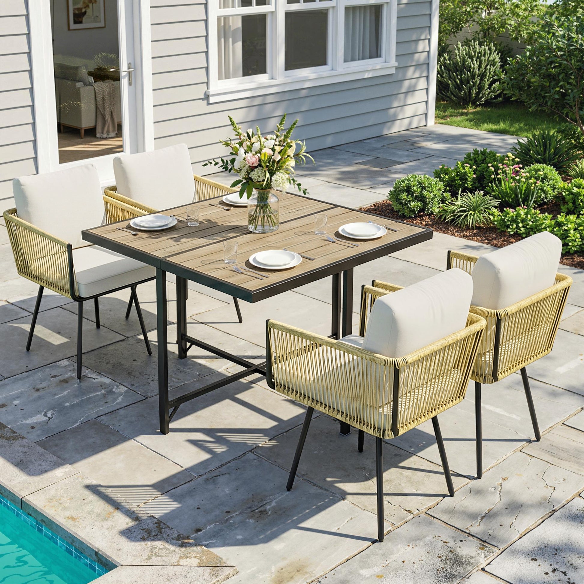 Outsunny Conjunto de Mesa y Sillas Jardín de Ratán de 5 Piezas, Muebles Jardín Exterior con Mesa de Plástico-Madera y 4 Sillas con Cojines Extraíbles, Marco de Metal Resistente para Terraza, Beige