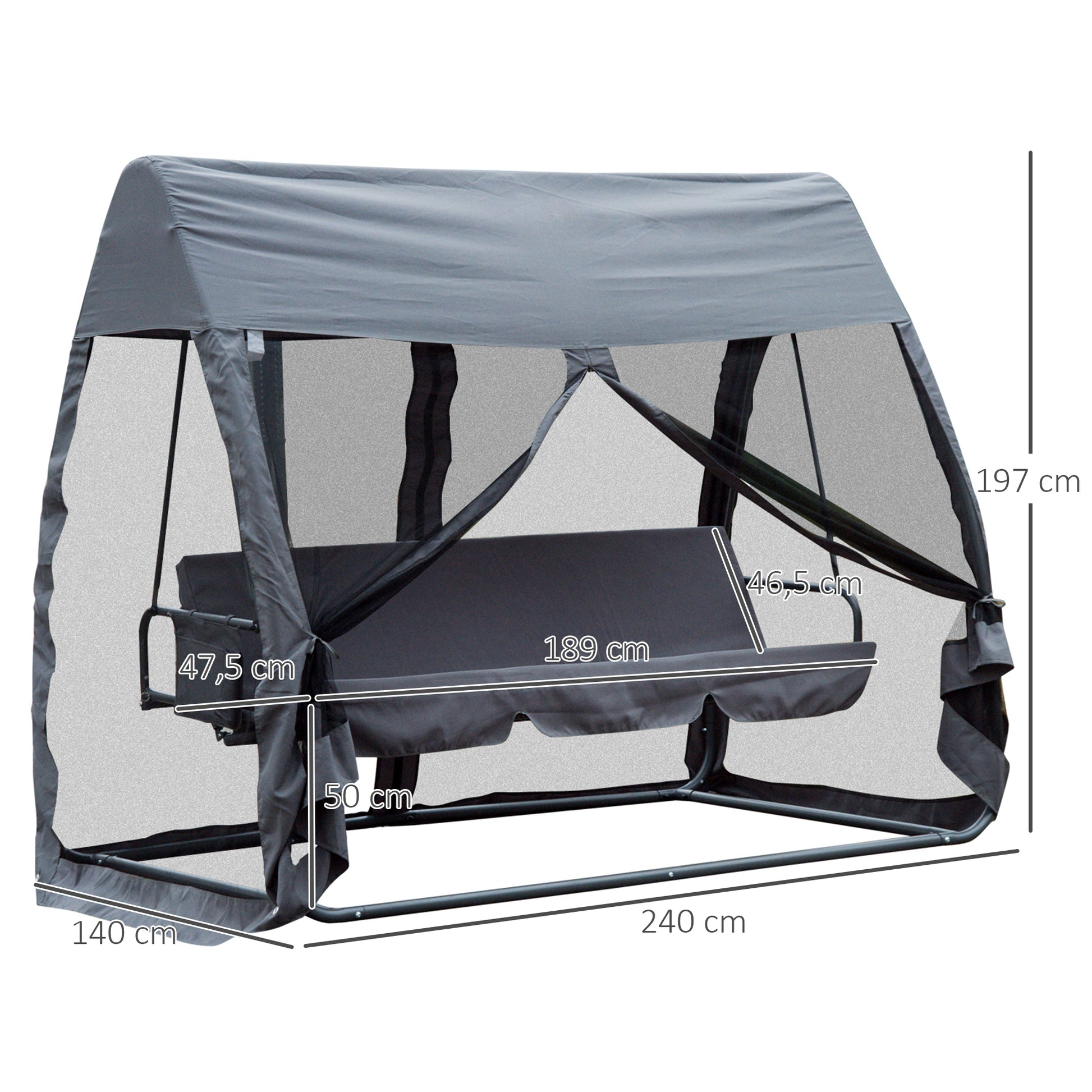 Outsunny Columpio de Jardín 3 Plazas Convertible en Cama Balancín con Mosquitera de Puertas Espacio de Almacenaje Terraza Balcón Exterior 240x140x197 cm Acero Carga Máx. 300 kg Gris