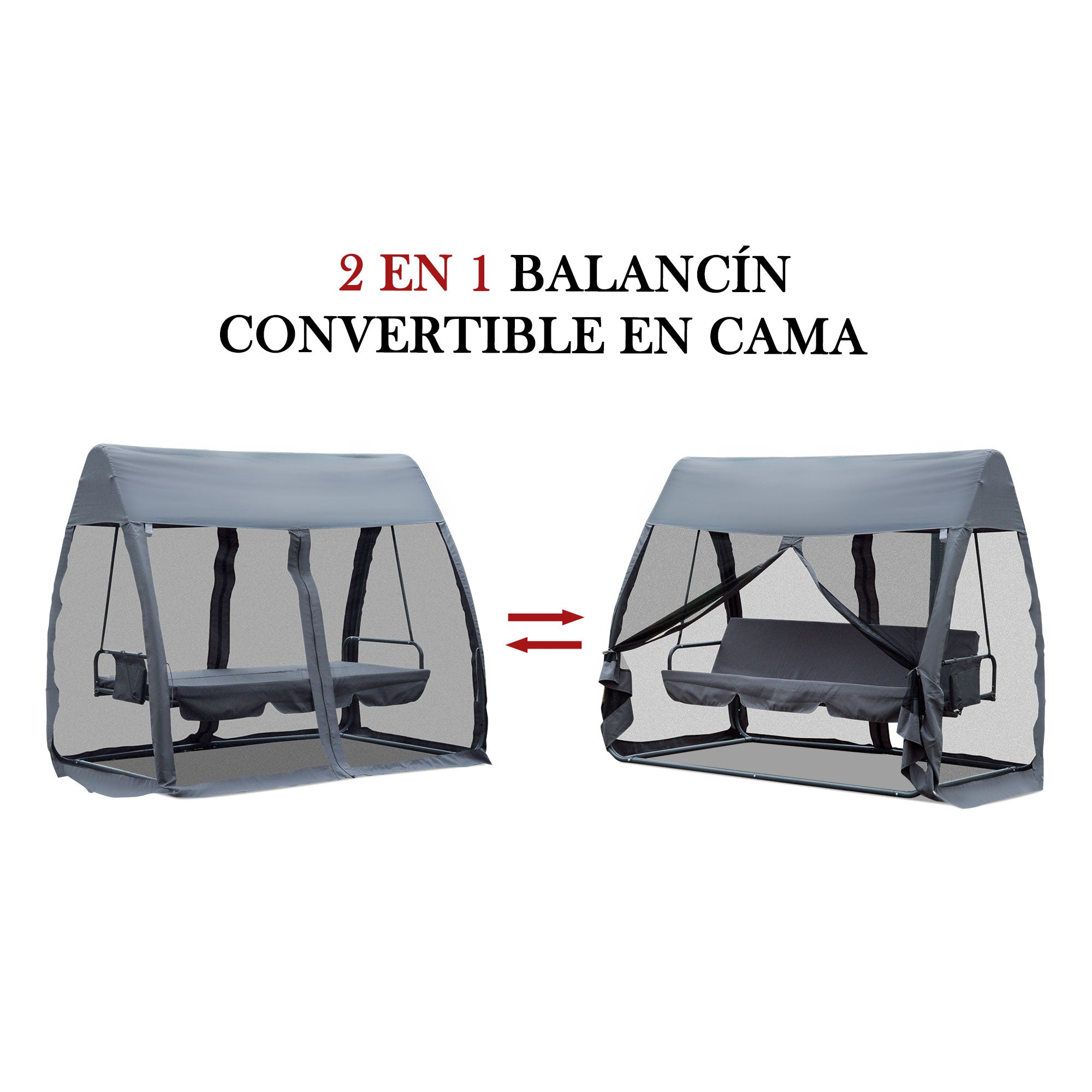 Outsunny Columpio de Jardín 3 Plazas Convertible en Cama Balancín con Mosquitera de Puertas Espacio de Almacenaje Terraza Balcón Exterior 240x140x197 cm Acero Carga Máx. 300 kg Gris