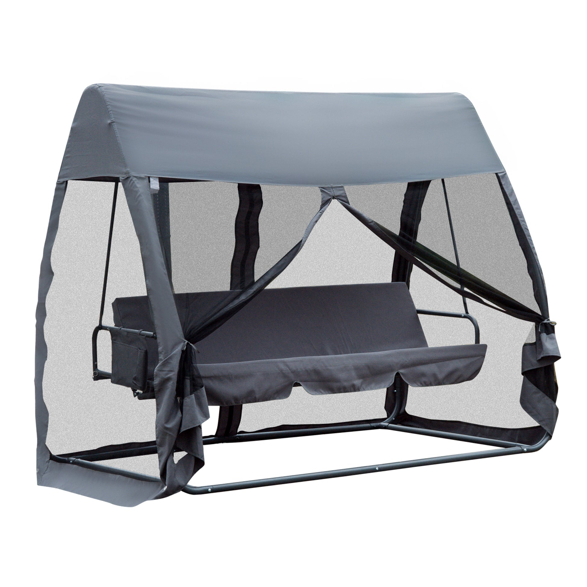 Outsunny Columpio de Jardín 3 Plazas Convertible en Cama Balancín con Mosquitera de Puertas Espacio de Almacenaje Terraza Balcón Exterior 240x140x197 cm Acero Carga Máx. 300 kg Gris