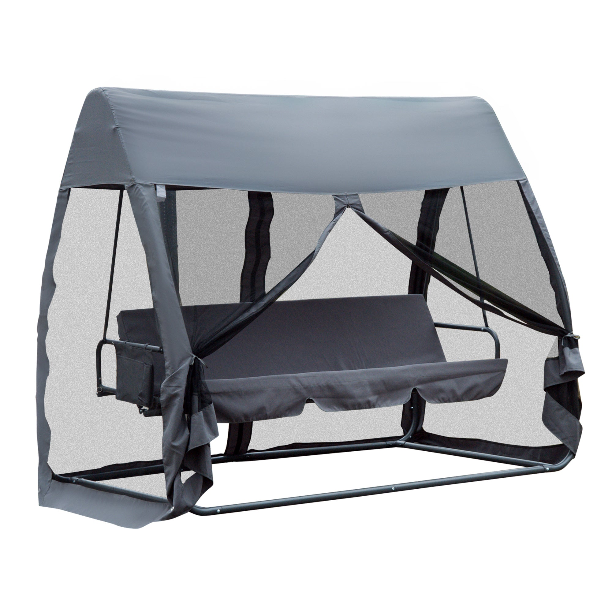 Outsunny Columpio de Jardín 3 Plazas Convertible en Cama Balancín con Mosquitera de Puertas Espacio de Almacenaje Terraza Balcón Exterior 240x140x197 cm Acero Carga Máx. 300 kg Gris