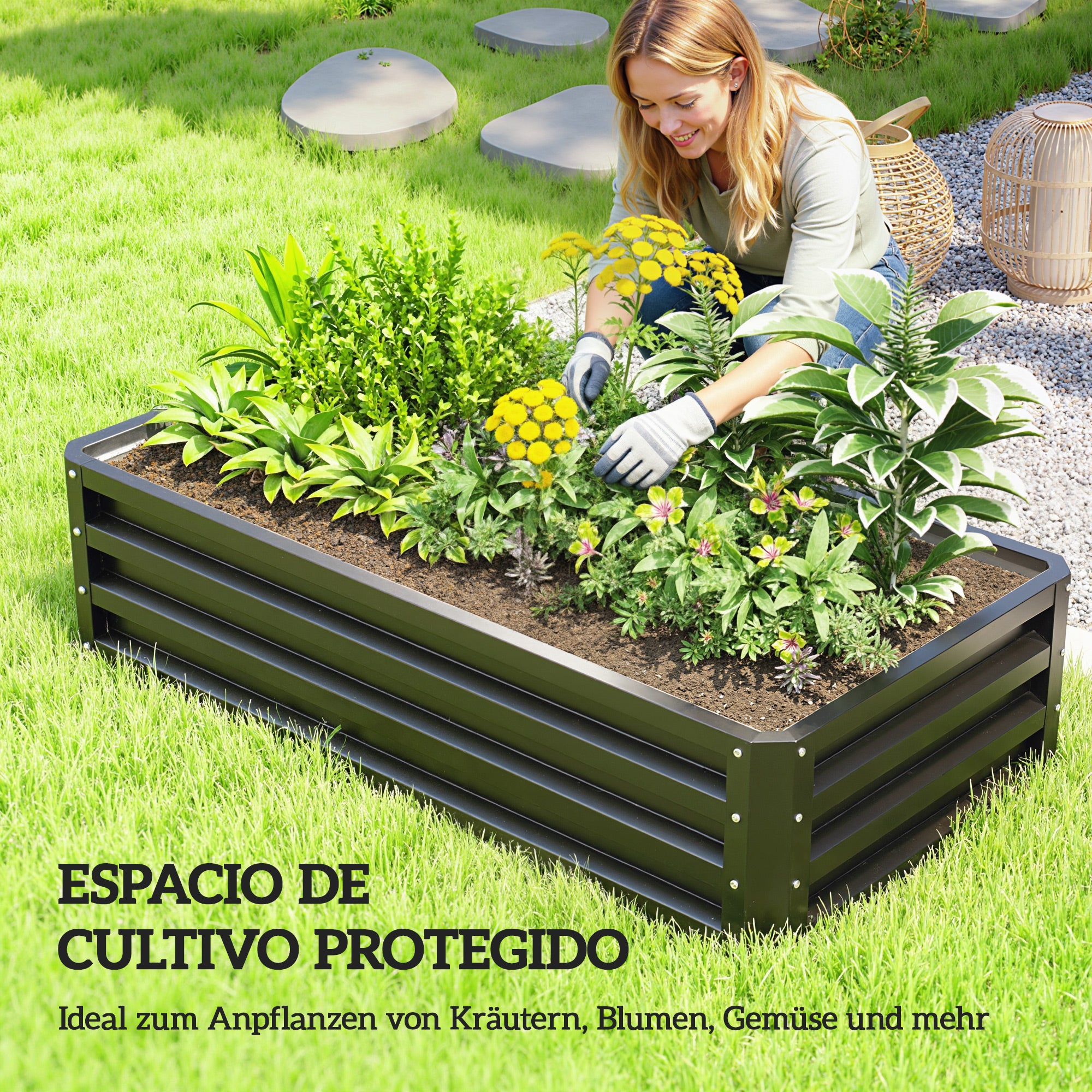 Outsunny Jardinera Exterior Grande de Acero Galvanizado, Huerto Urbano Elevado para Cultivar Plantas, Flores, Hierba, Macetero Exterior Rectangular con Fondo Abierto, 120x60x30,5 cm, Gris