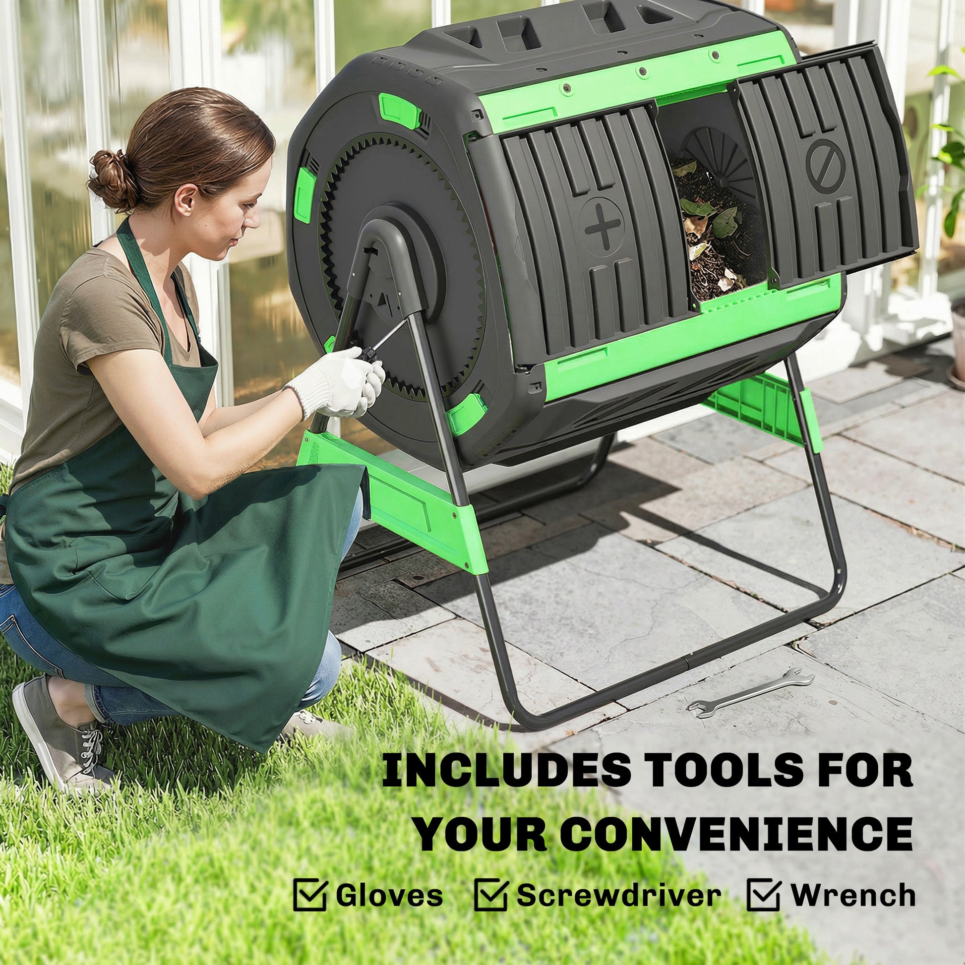 Outsunny Compostador Giratorio de 200L, Contenedor de Compostaje de Jardín de Doble Cámara, Sin BPA, Compostadora con Aberturas de Ventilación, 2 Puertas Deslizantes y Patas de Metal, Verde