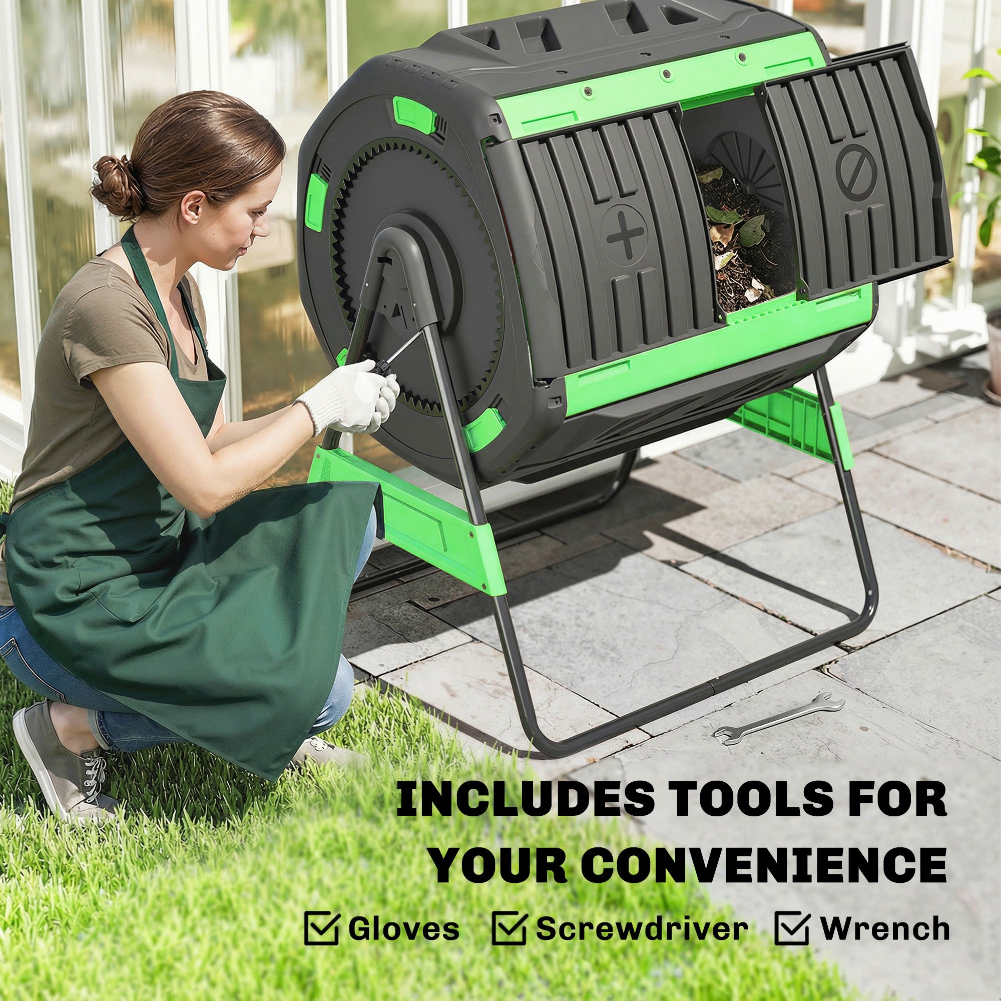 Outsunny Compostador Giratorio de 200L, Contenedor de Compostaje de Jardín de Doble Cámara, Sin BPA, Compostadora con Aberturas de Ventilación, 2 Puertas Deslizantes y Patas de Metal, Verde