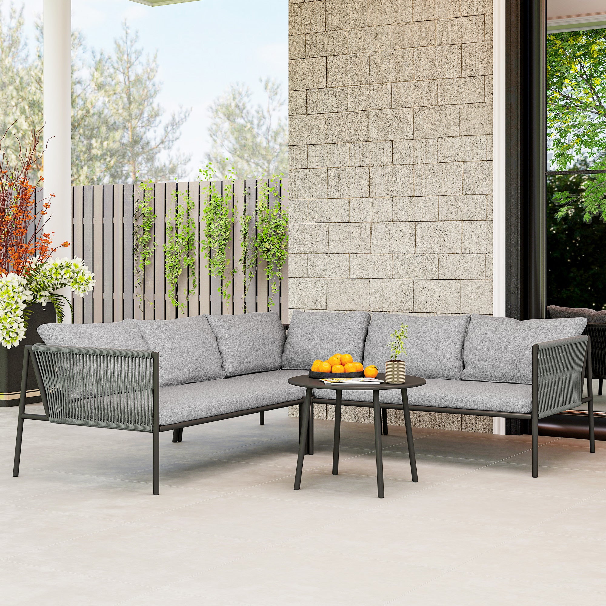 Outsunny Conjunto Jardín Exterior de Ratán con Cojines Conjunto Terraza Resistente a la Intemperie Muebles Jardín Exterior con 2 Sofás de 2 Plazas Sofá Esquina Mesa Redonda Gris Oscuro