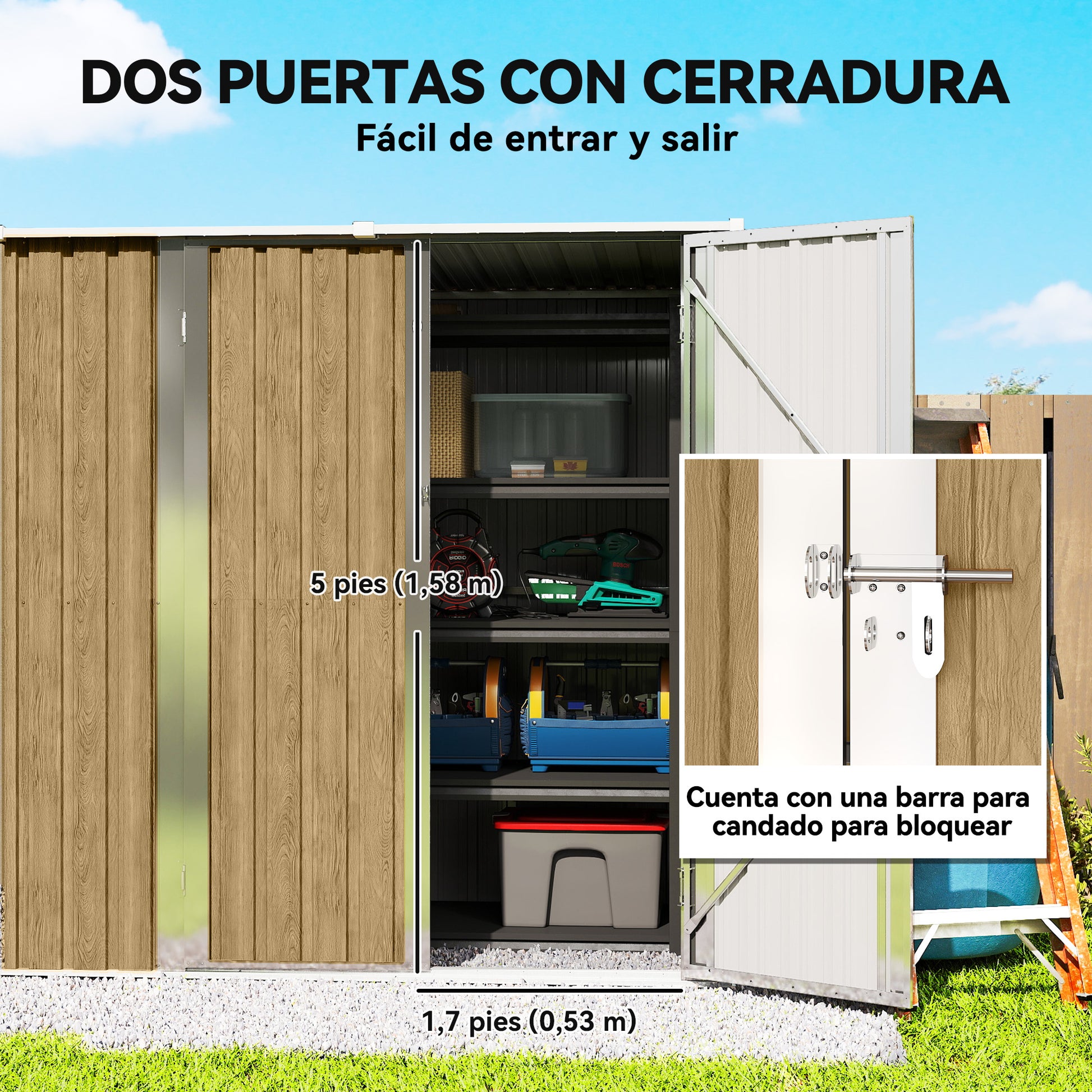 Outsunny Caseta de Jardín Exterior 1,37 m², 163x89x163 cm, Cobertizo de Jardín Exterior Metálico con Techo Inclinado, Puertas con Pestillo y Guantes para Almacenamiento de Herramientas, Marrón Claro